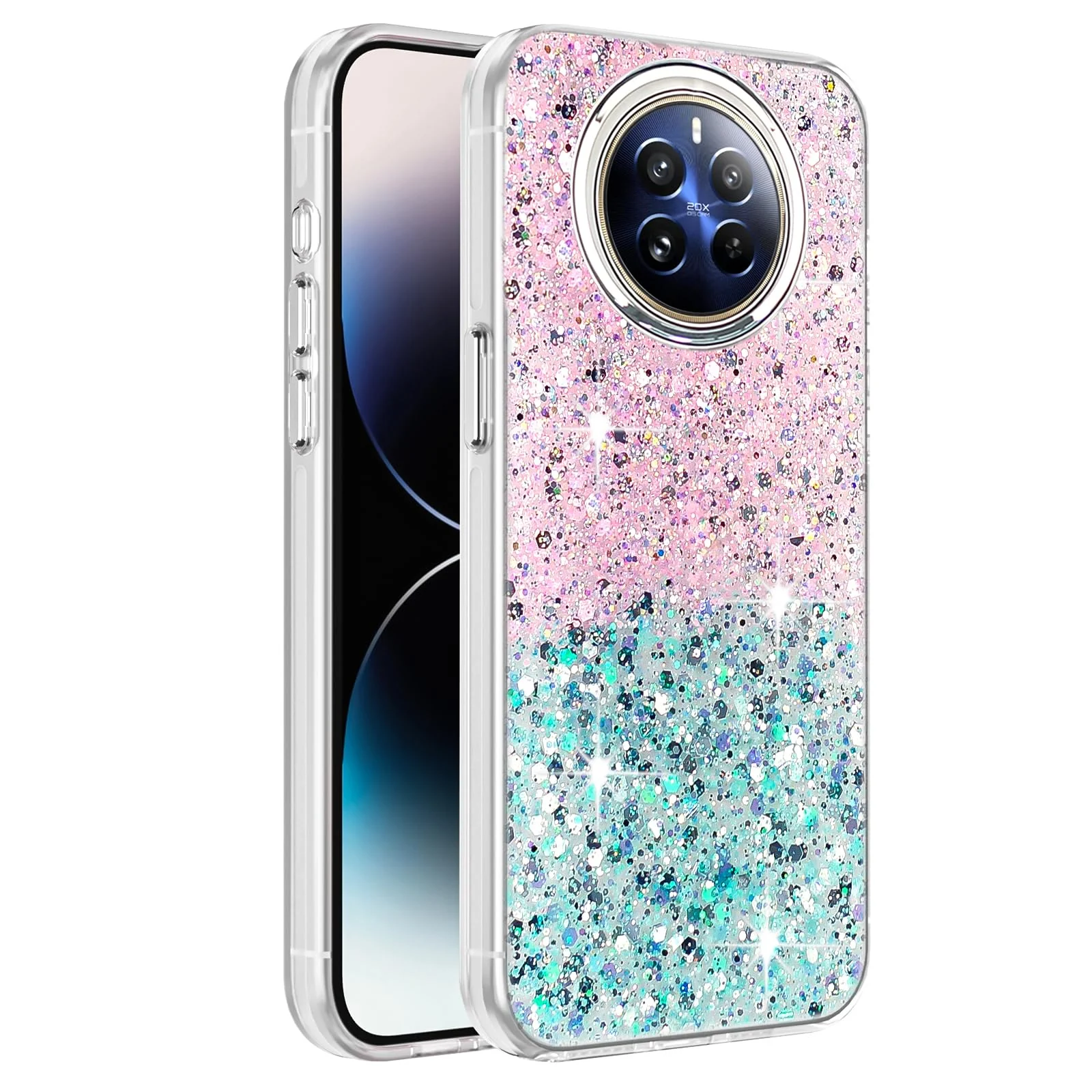 DL3 Mobilak Glitter Protective Case for realme 12 Pro 5G / realme 12 Pro + Plus 5G, Supports wireless charging, Camera protection, Shock-absorbing protection - Pink Green