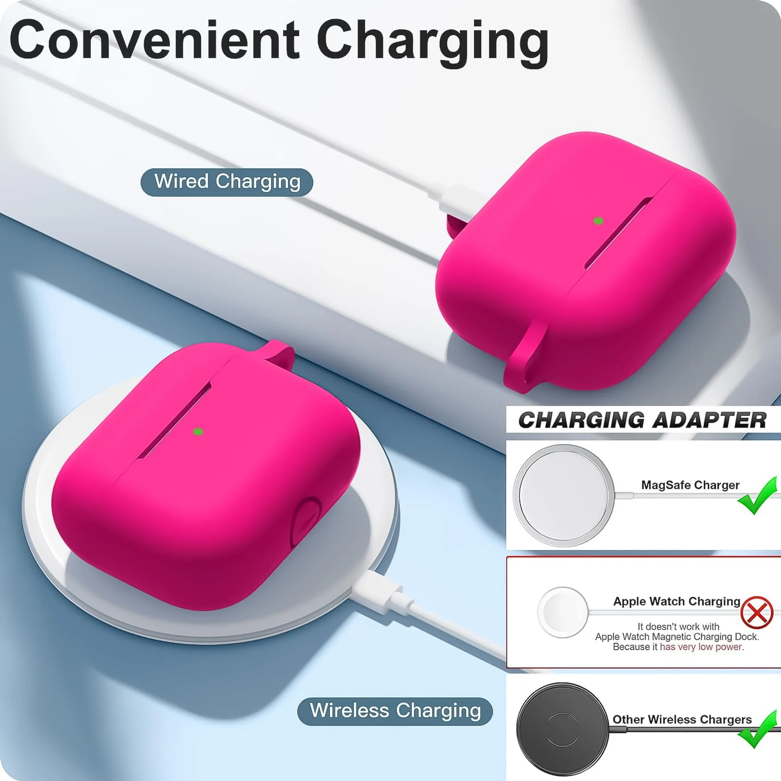 DL3 Mobilak AirPods Pro Case Cover, Silicone Protective Charging Case Skin with Keychain Compatible with Apple AirPods Pro Case for Women Men, Wireless Charging, Front LED Visible - Neon Pink