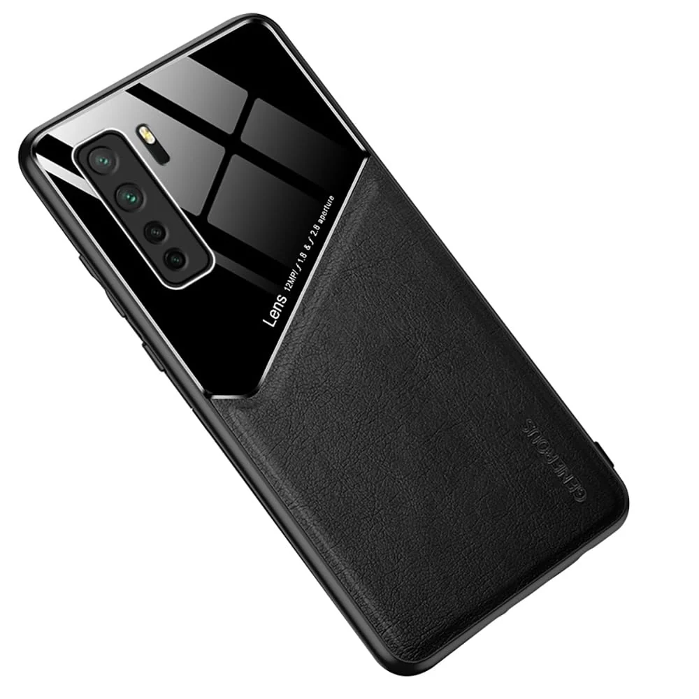 DL3 Mobilak Luxury Case Compatible with Huawei Nova 7 SE, Ultra-Thin Soft TPU Frame, Back Leather Mixed Double+Plexiglass Protective Cover With Built-in Car Magnetic - Black