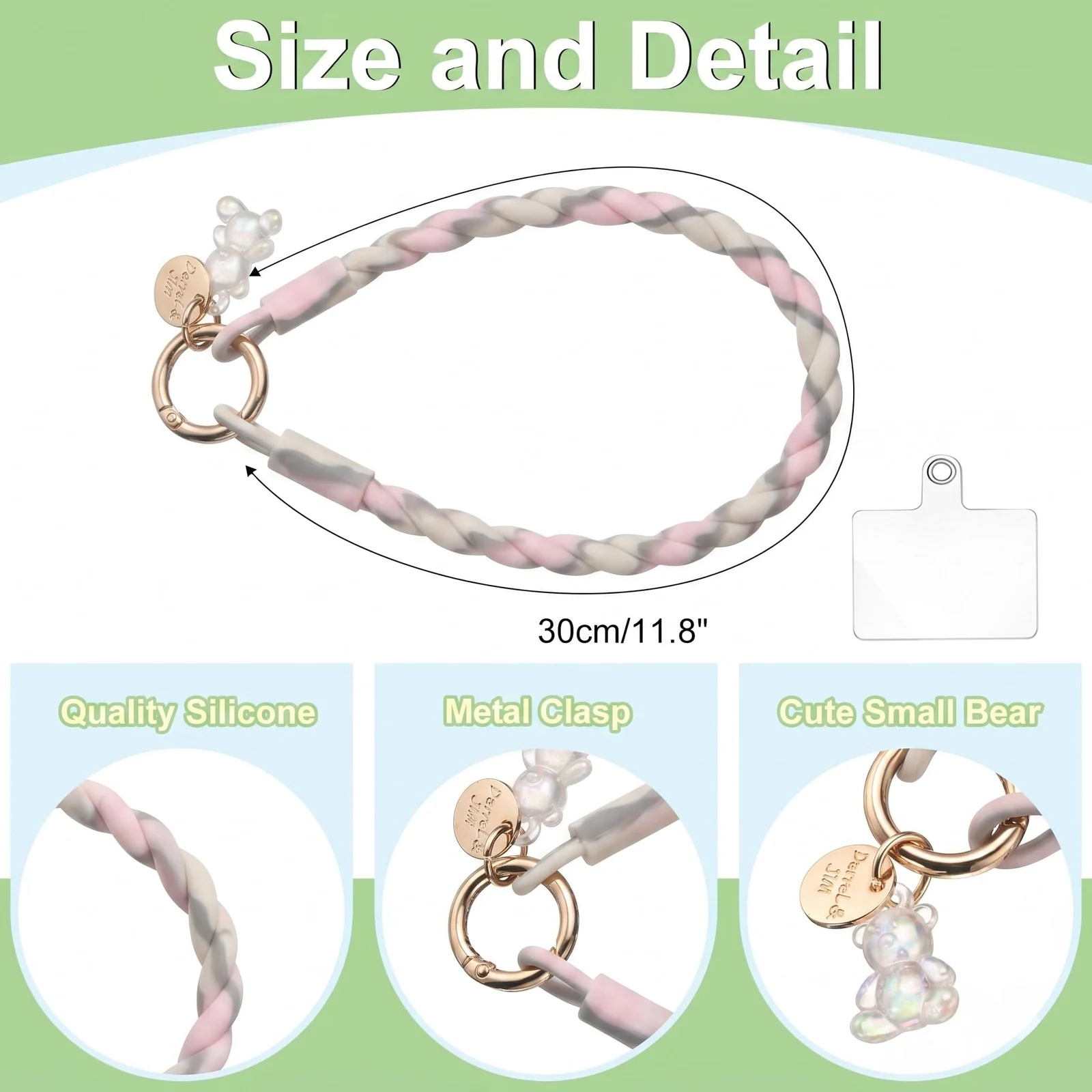 DL3 Mobilak Silicone Crystal Lanyard, 30cm Phone Wrist Strap Lanyard Keychain Office Wrist Strap with Clasp and Bear for Women Phone ID Card, Keys Strap - Beige/Pink