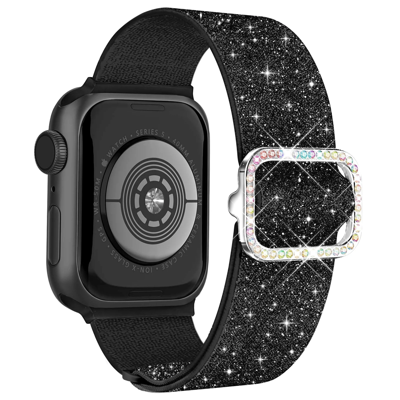 DL3 Mobilak Stretchy Bling Band For Apple Watch 49mm 46mm 45mm 44mm 42mm Women, Nylon Sparkly Strap Solo Loop Glitter Wristband for iWatch Series 11 10 9 8 7 6 5 4 SE3 SE2 SE Ultra 3 2 1 - Black
