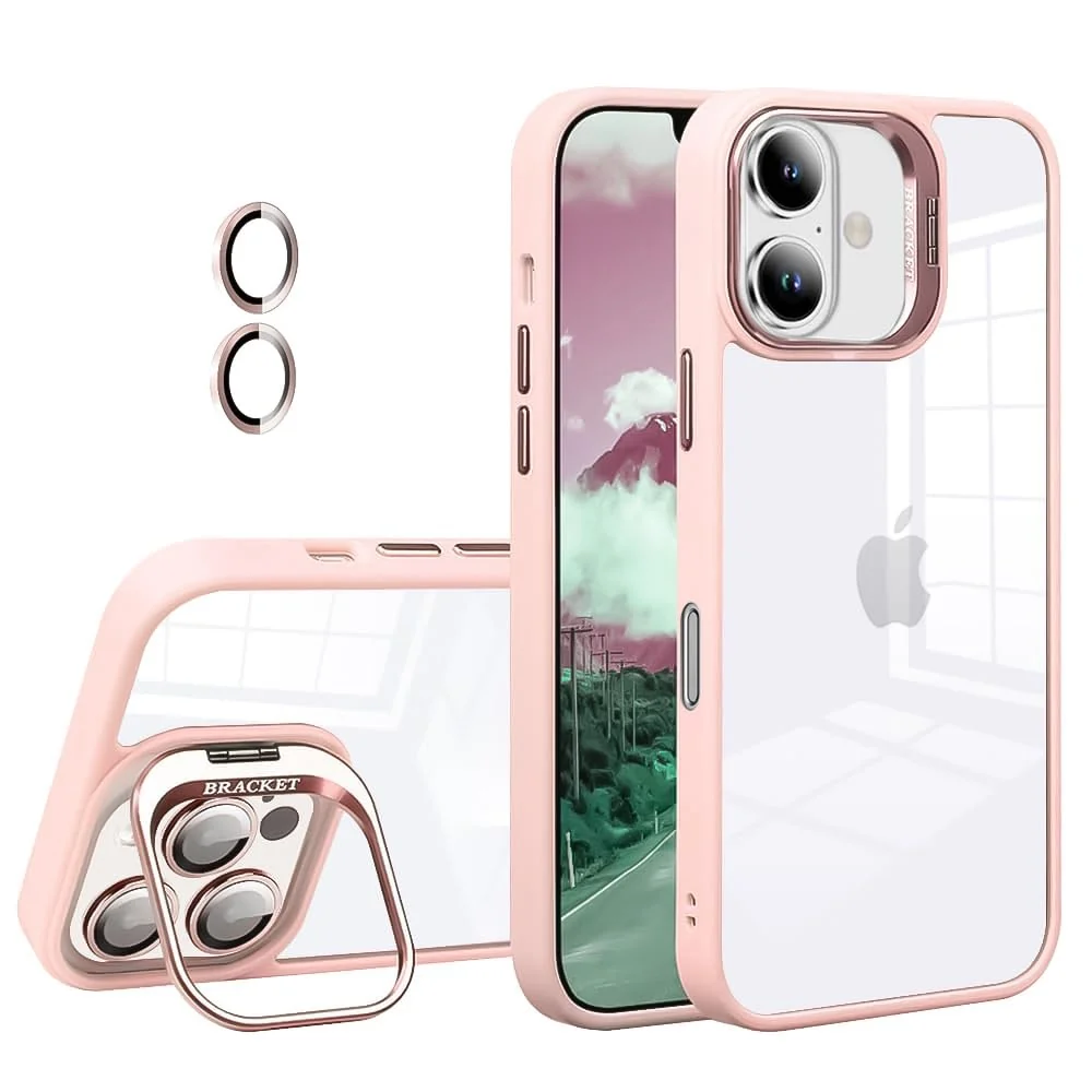 DL3 Mobilak Clear PC and TPU Case with Camera Ring Kickstand and Lens Protector for iPhone 16 - Pink