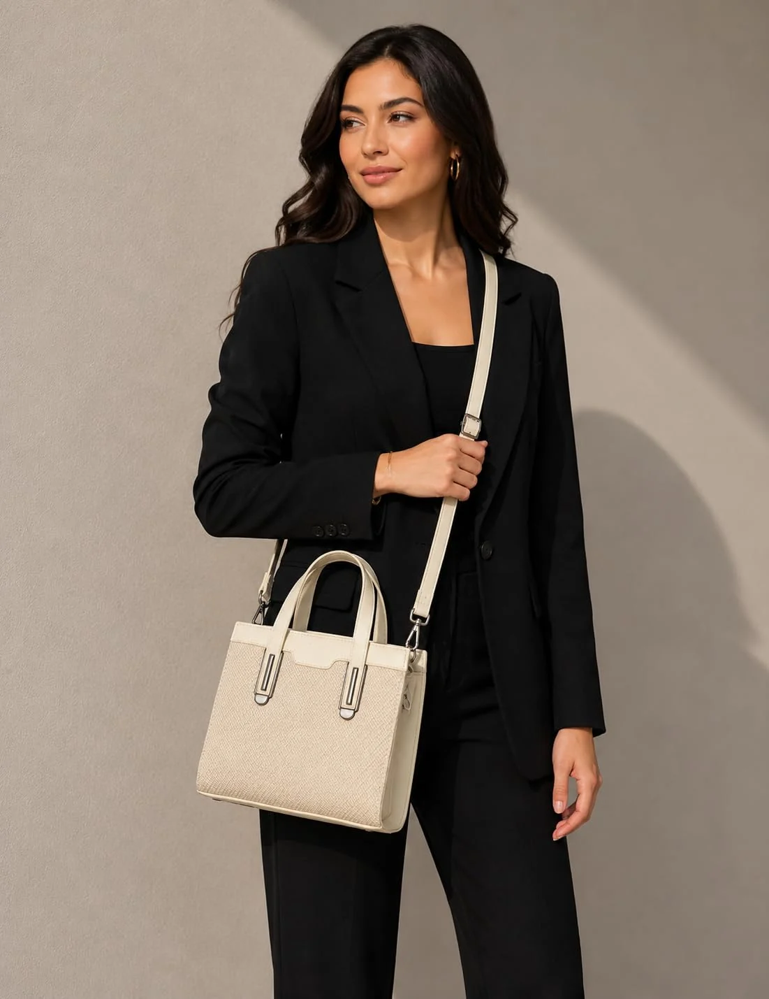 Mobigon Elegant Women’s Handbag with Shoulder Strap, Textured Leather Baguette Purse with Gold Clasp, Magnetic Snap & Zipper Compartments, Structured Top Handle Bag for Work & Daily Use (Off White 2) - Off-White 2