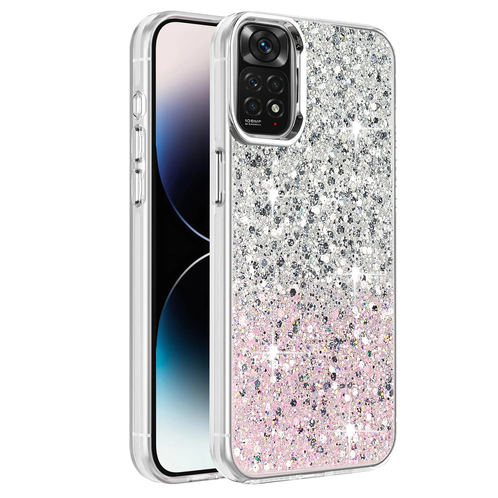 DL3 Mobilak Compatible with Xiaomi Redmi Note 11 4G/Note 11S Case, Clear Glitter Bling Sparkly, Soft TPU Frame Bumper, Hard-Back Cover for Women & Girls, Transparent Protective Case - White Pink