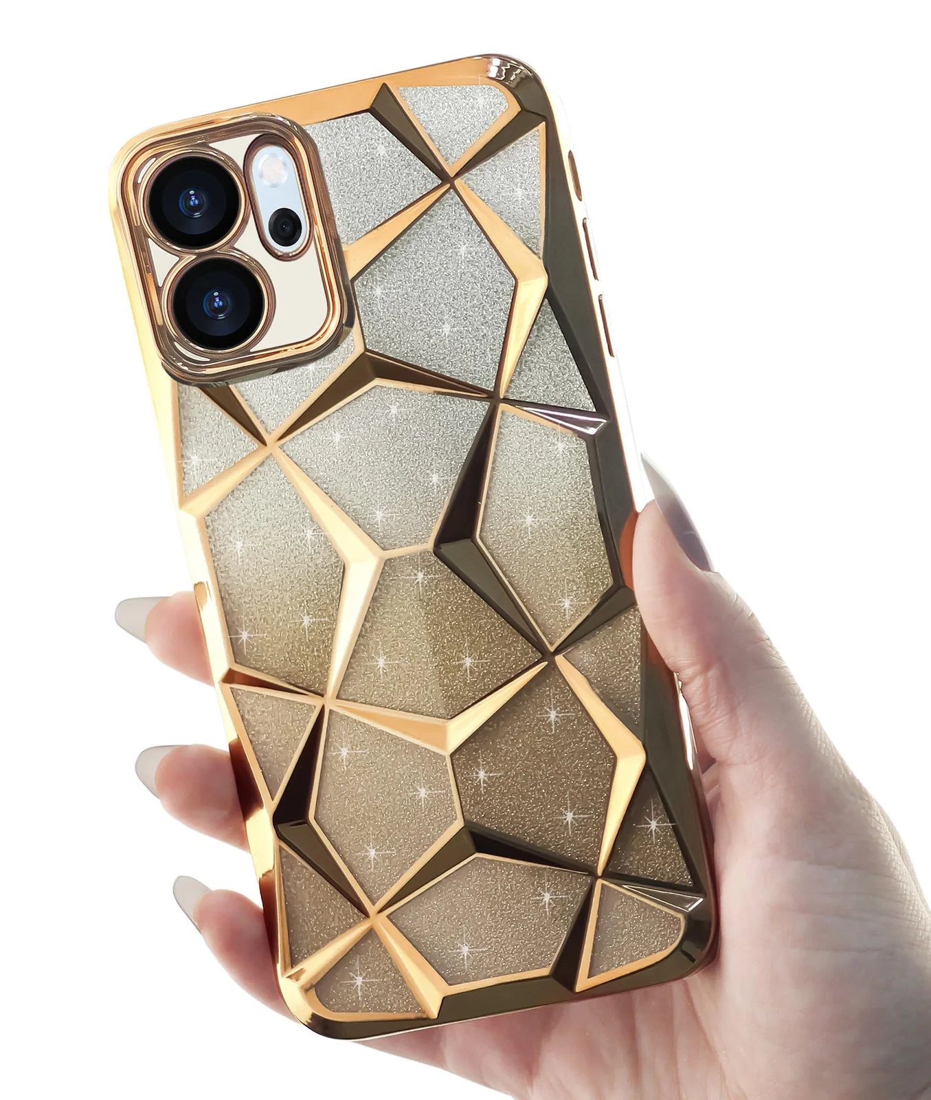 DL3 Mobilak Compatible with OPPO Reno 14F / OPPO Reno14 FS Case Plating Bling Gradient Glitter Clear Cover Soft TPU Silicone Cute Camera Protection Shockproof Back for Women Girls Case - Gold