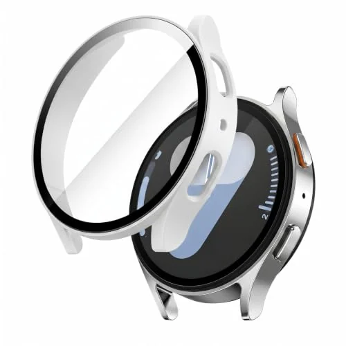 Dl3 Mobilak Protective Case Compatible with Samsung Galaxy Watch 4 44MM 2021 & Samsung Galaxy Watch 5 44MM 2022 9H Hardness PC Case Bumper Full Slim Protective Cover with Tempered Glass (White)