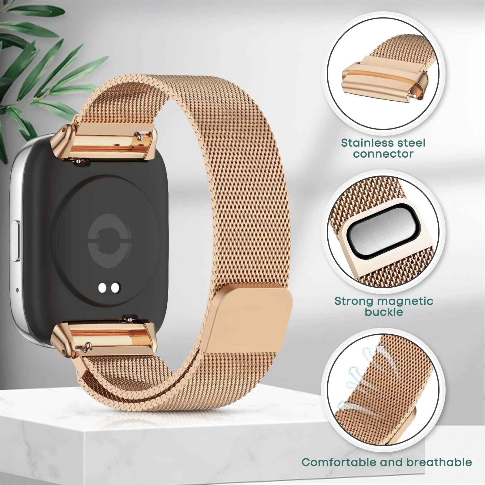 DL3 Mobilak Bracelet Compatible with Xiaomi Redmi Watch 3 Active/Redmi Watch 3 Lite, Stainless Steel Replacement Strap, Mesh Metal Watch Strap, Magnetic Adjustable Replacement Band For Men Women - Rose Gold