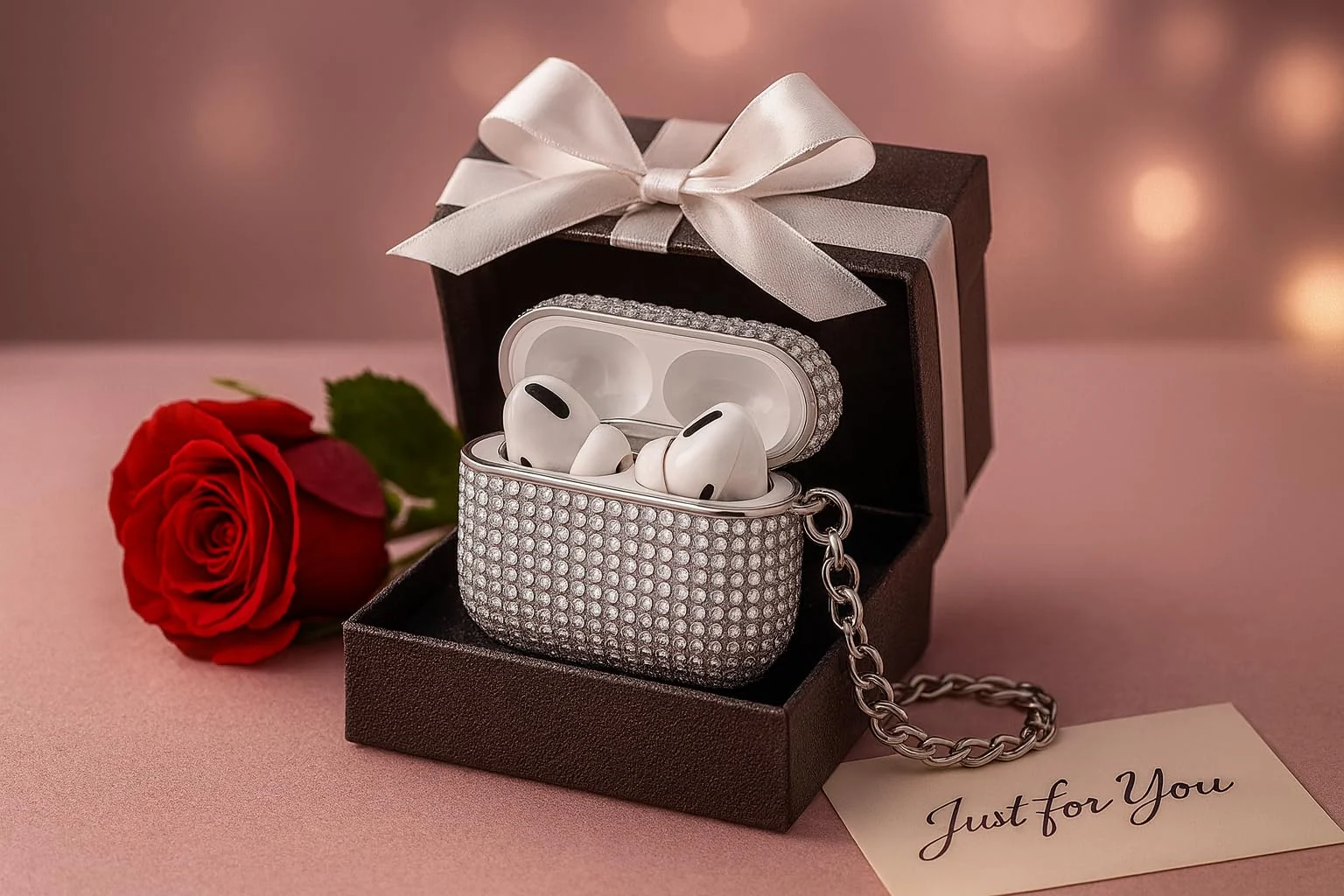 DL3 Mobilak Luxury Rhinestone Case Compatible with AirPods Pro 1/2 (Compatible with AirPods Pro 2nd/1st), Sparkling Glitter Protective Cover with Detachable Metal Hand Chain - Silver