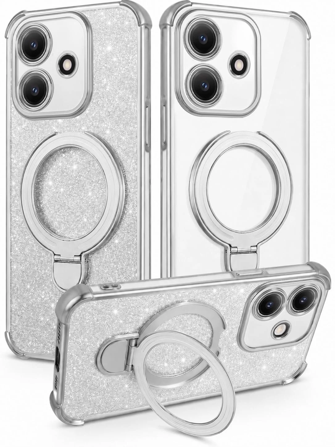 Mobigon Glitter Phone Case Compatible with OPPO A3 / OPPO A3X / A40 / A40M, Magnetic Ring Stand Shockproof Cover, Clear Soft TPU Bumper with Full Camera Protection - Silver
