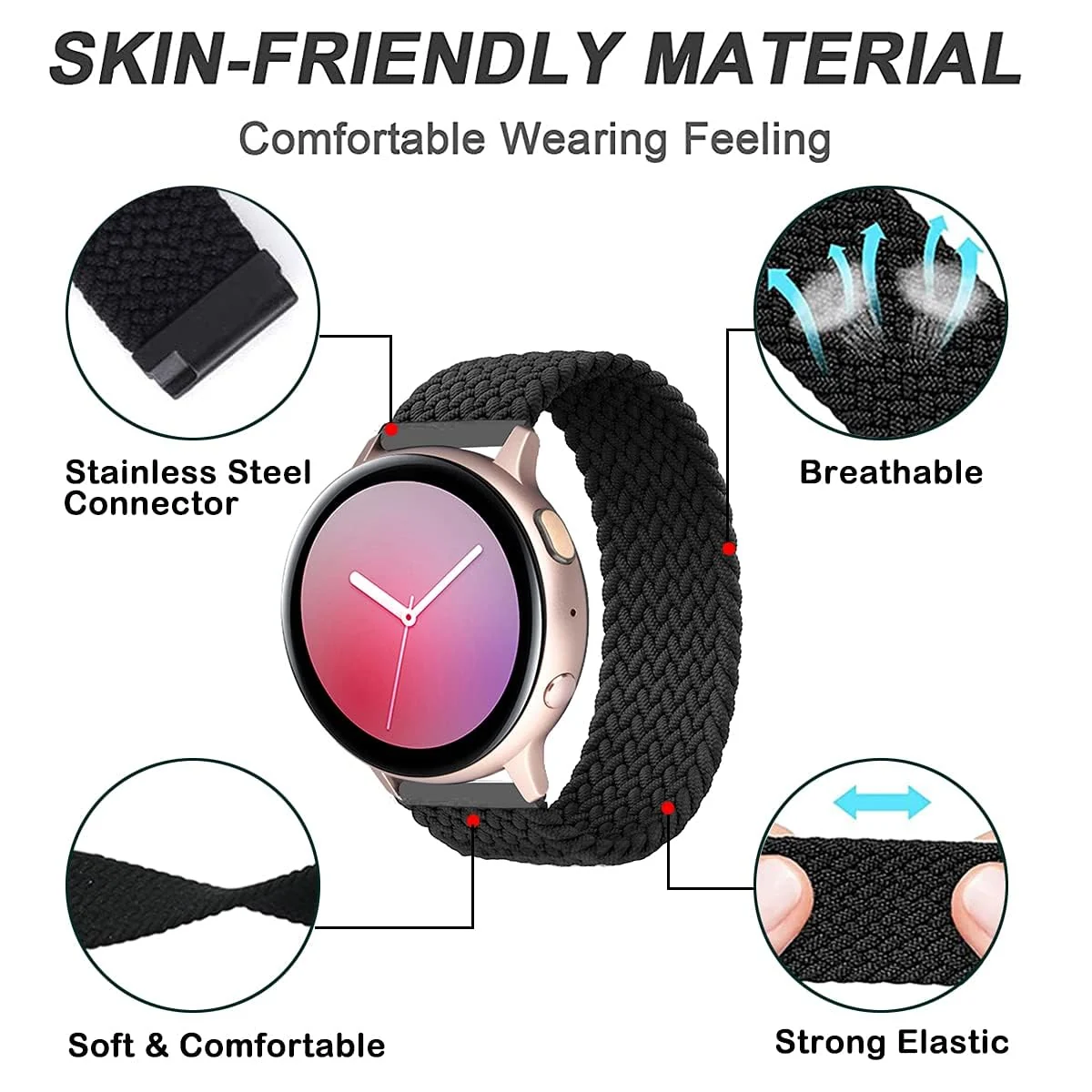 DL3 MOBILAK Band 20MM Nylon Braided Solo Loop Strap Compatible with Samsung Gear Sport/Watch 6/5/4 40mm 44mm/Watch 6 Classic 43mm 47mm/5 Pro 45mm/active 2 40mm 44mm (Medium) - Black