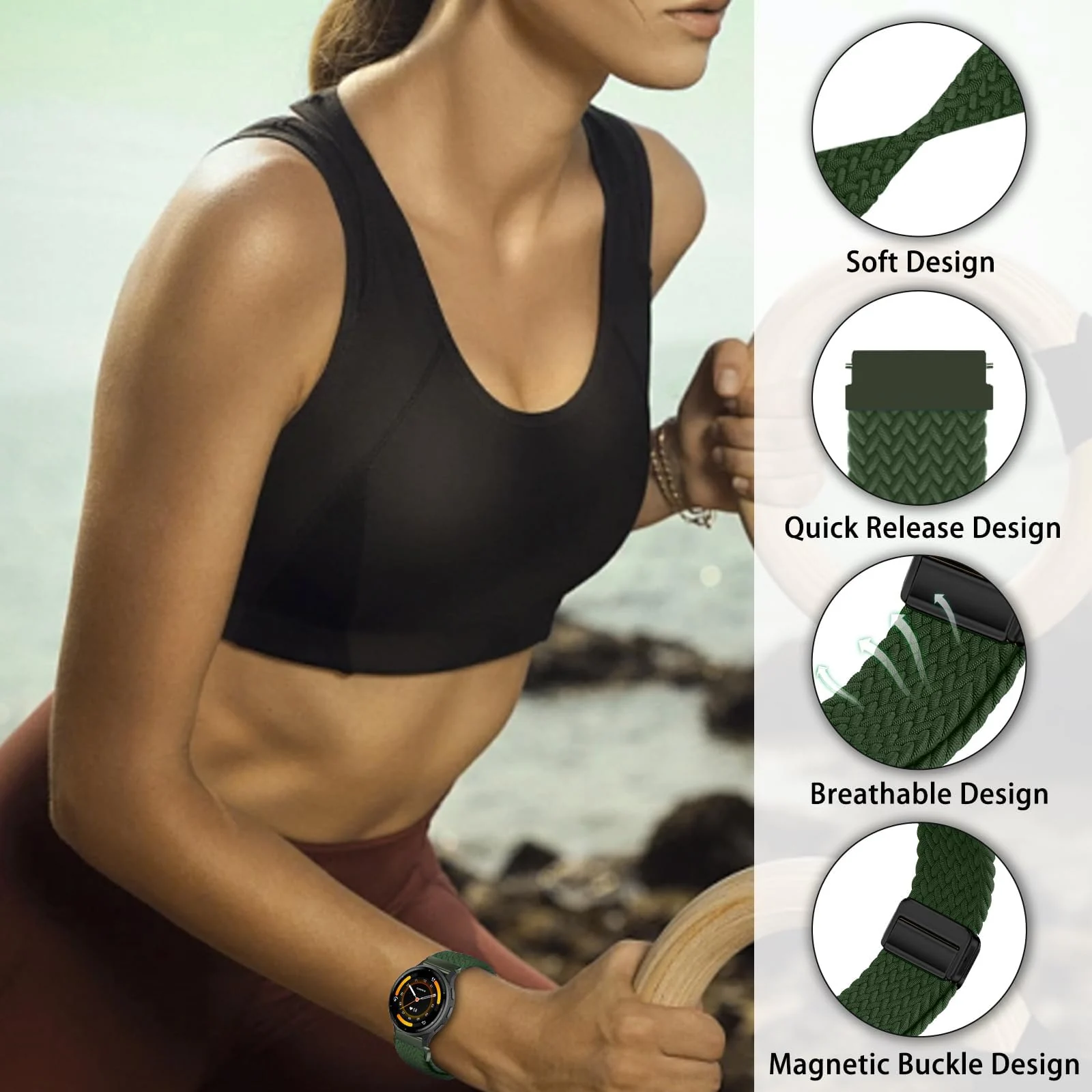 DL3 Mobilak 20mm Magnetic Band for Samsung Galaxy Watch 7/6/5/4/FE Band 40mm 44mm/Galaxy Watch 6/4 Classic Bands 47mm 43mm 46mm 42mm/Watch 5 pro 45mm/3 41mm/Active 2, Stretchy Braided Nylon Magnetic Sport Strap - Green