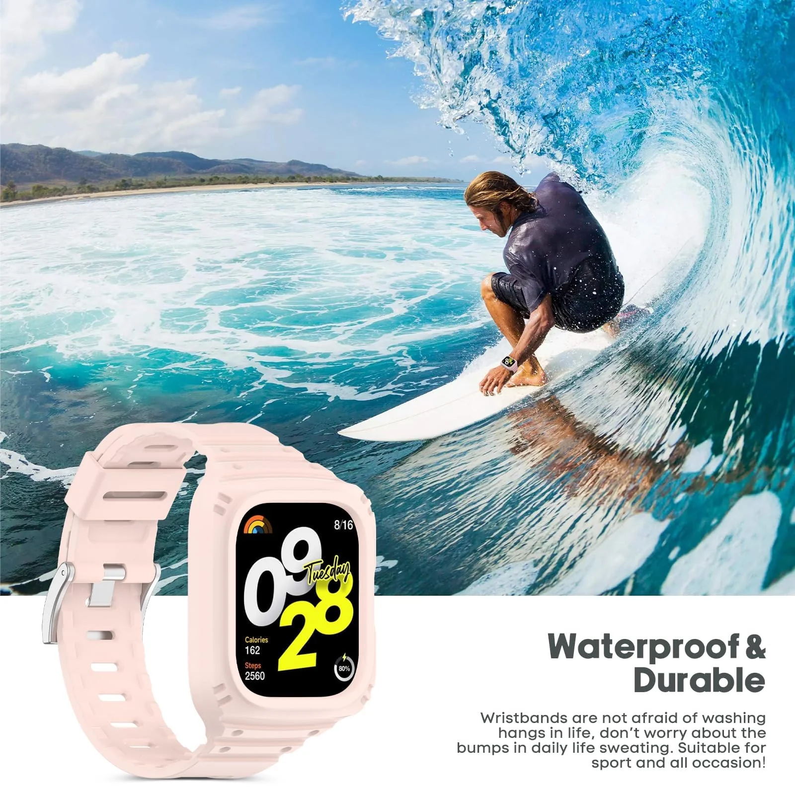 DL3 Mobilak Strap With Cover Compatible with Xiaomi Redmi Watch 4, Silicone Sport Band Replacement Watchband with Bumper Case for Redmi Watch 4, Adjustable Wristband - Pink