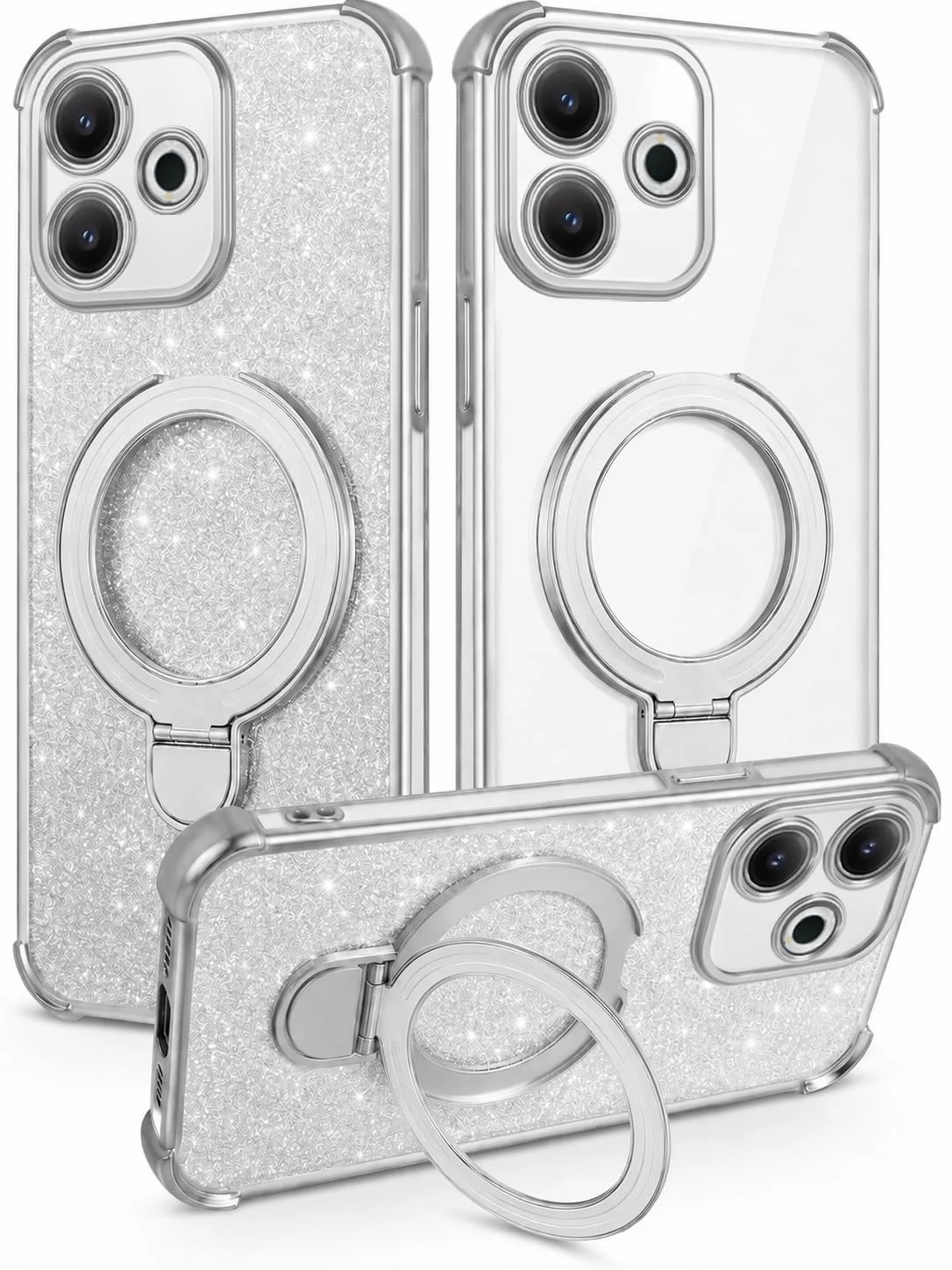 MOBIGON Glitter Phone Case with Magnetic Ring Stand for Xiaomi Redmi 13 4G / 5G / POCO M6 4G / Note 13R, Silver