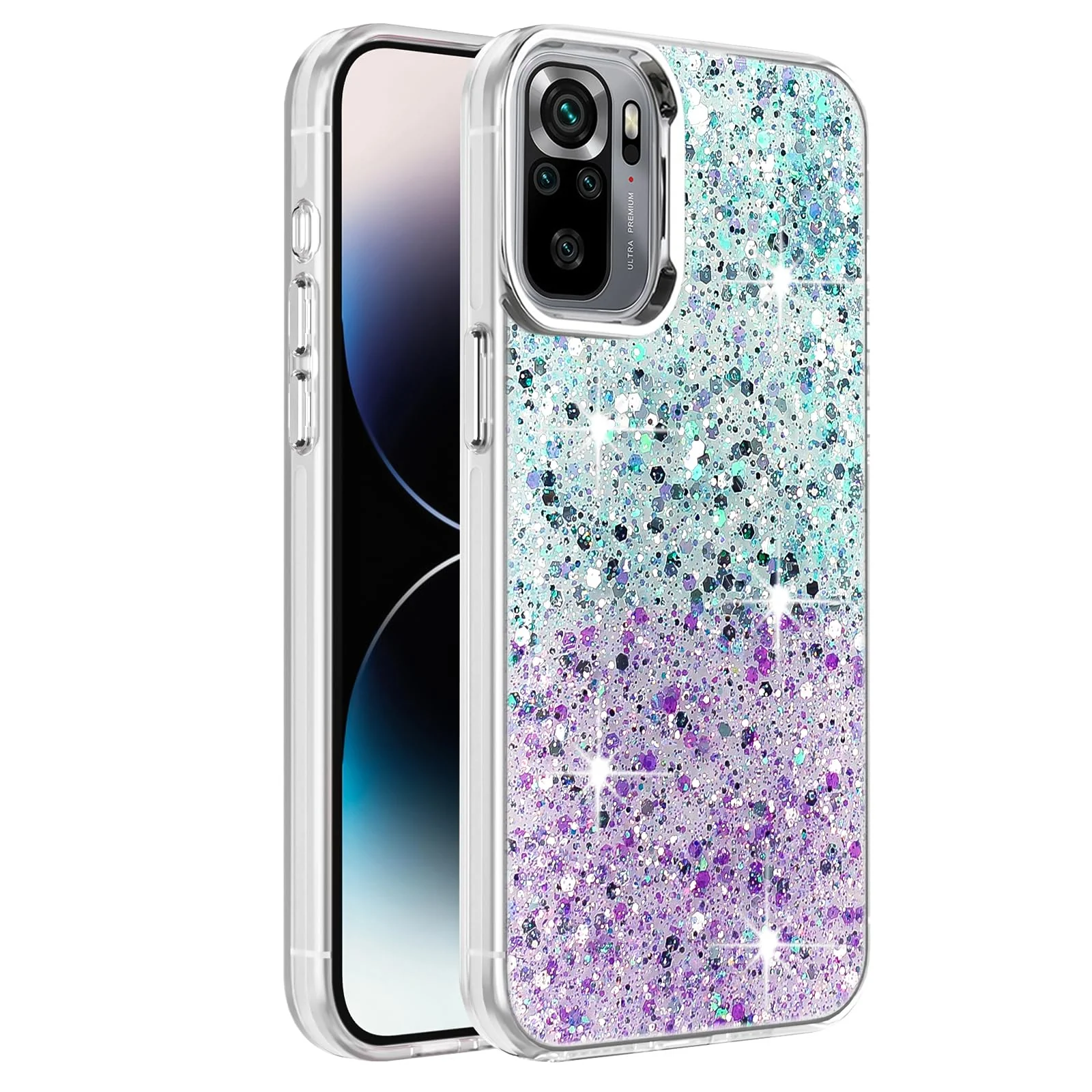 DL3 Mobilak Glitter Protective Case for Xiaomi Redmi Note 10 4G / Note 10S, Supports wireless charging, Camera protection, Shock-absorbing protection - Green Purple