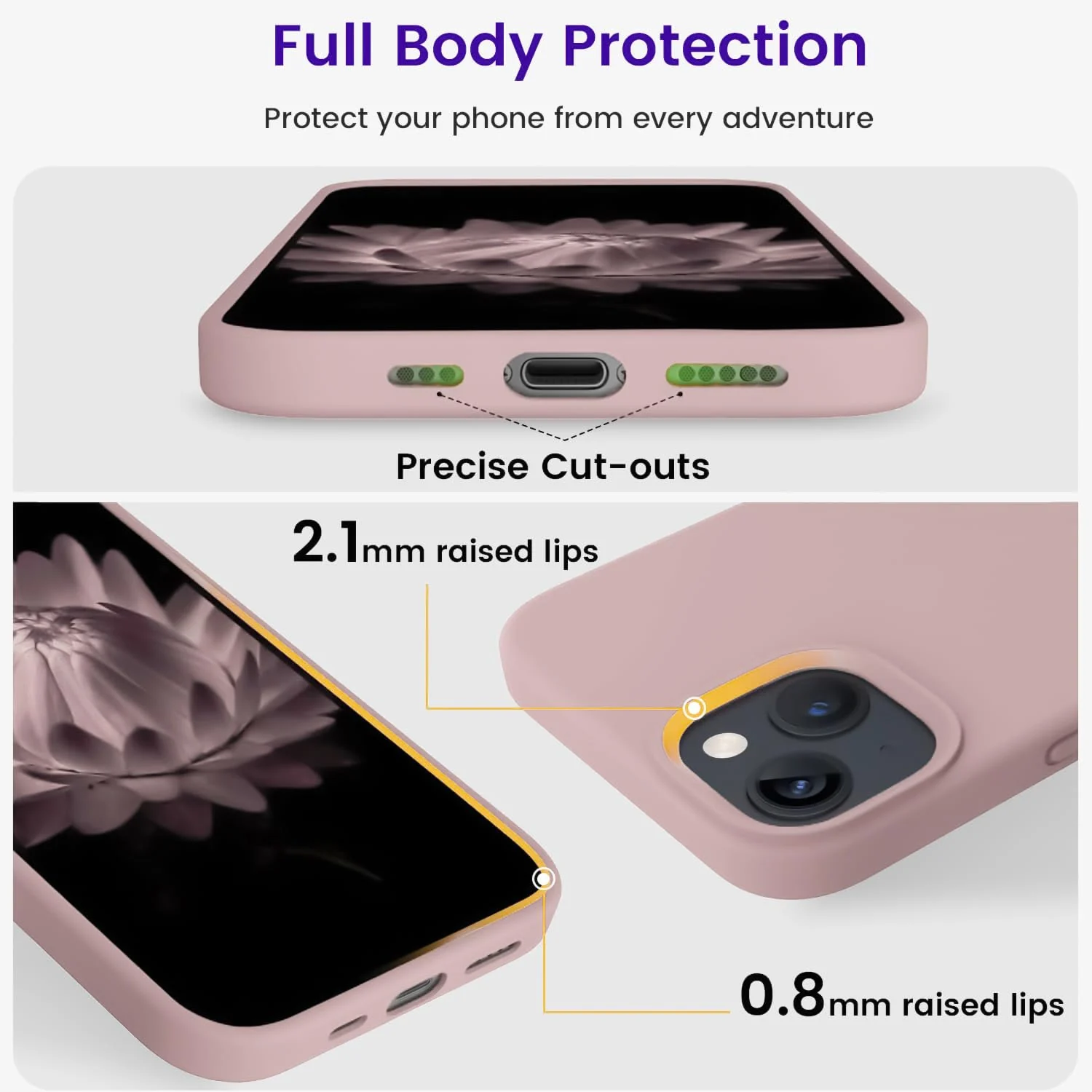 DL3 Mobilak Liquid Silicone Protective Case for iPhone 13 / iPhone 14 with Camera Protection and Microfiber Lining - Pink Sand 3