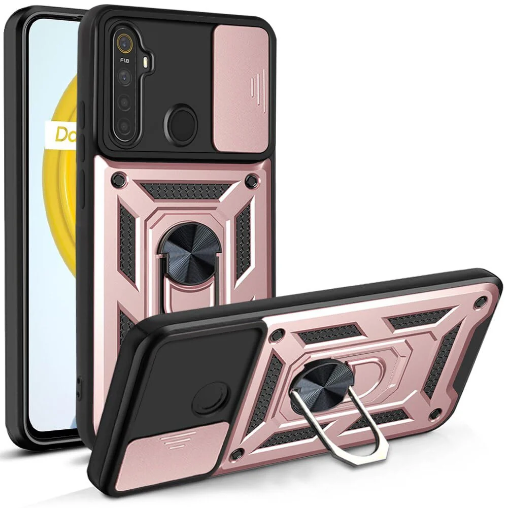 DL3 Mobilak Military-Grade Protective Case with Sliding Camera Cover, Metal Ring Kickstand and Magnetic Car-Mount Support for OPPO realme 5 / 5s / 5i / 6i / C3 / Narzo 10A - Rose Gold
