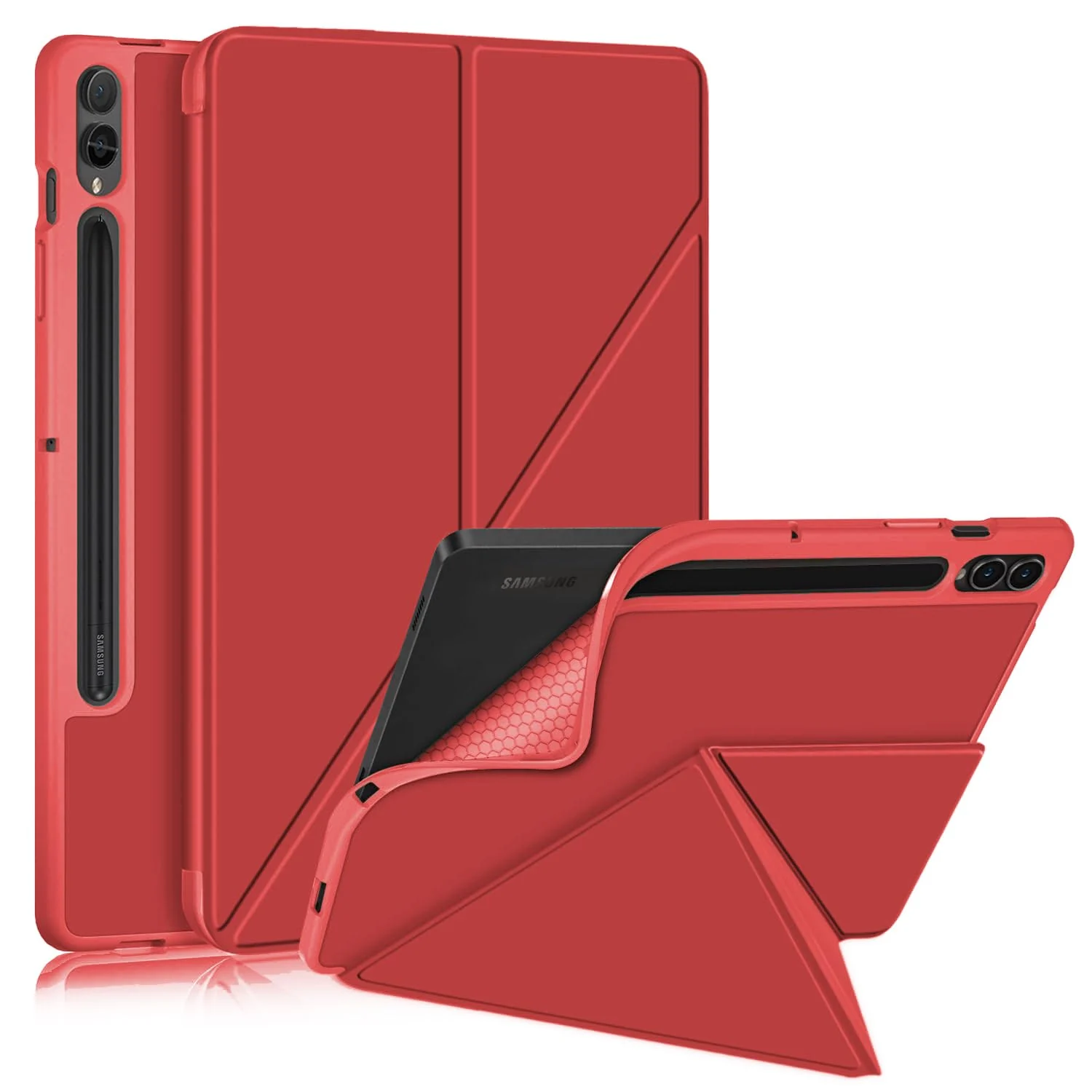 DL3 Mobilak For Samsung Galaxy Tab S8+ Plus 2022 / S7 FE 2021 / S7+ Plus 2020 12.4-Inch Case, Smart Stand, Pencil Holder, Shockproof Slim Lightweight Leather Cover, Modern Abstract Design - Red