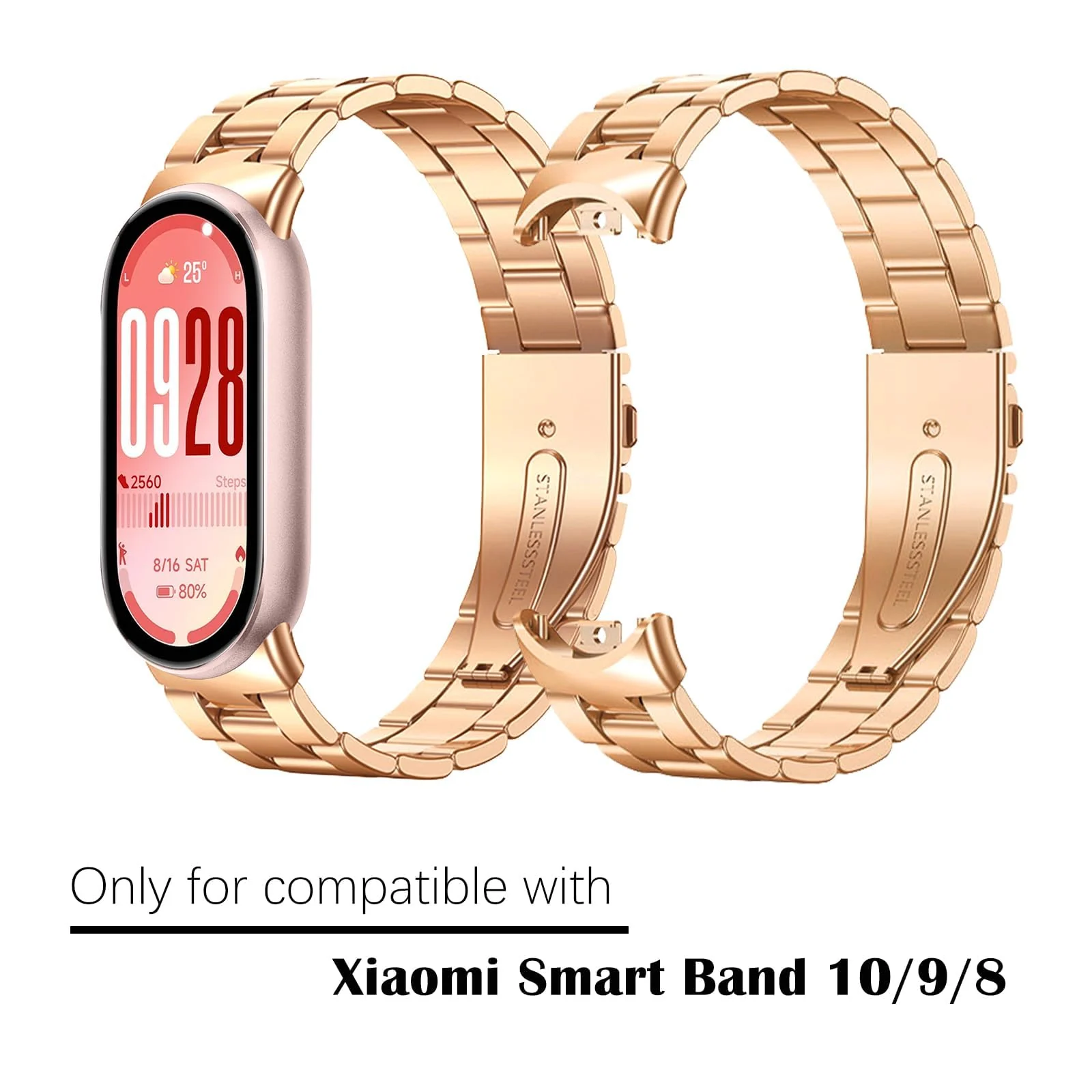 MOBIGON Stainless Steel Bracelet Strap with Double-Folding Clasp for Xiaomi Smart Band 8 / 9 / 10, Rose Gold