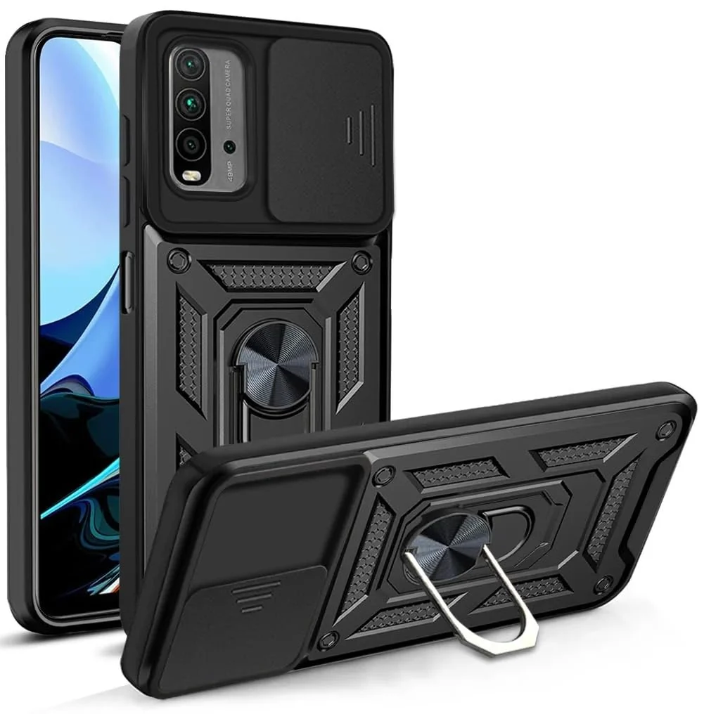 DL3 Mobilak Military-Grade Protective Case with Sliding Camera Cover, Metal Ring Kickstand and Magnetic Car-Mount Support for Xiaomi Redmi 9T / Poco M3 / Redmi Note 9 4G - Black