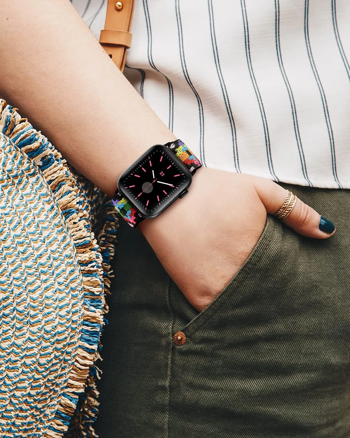 DL3 Mobilak Nylon Solo Loop Stretchy Straps For Apple Watch Band 49mm 45mm 44mm 42mm 41mm 40mm 38mm, Elastic Wristbands for iwatch Series 8 Ultra 7 6 5 4 3 2 1 Se (Boho Rainbow, 42MM/44MM/45MM/49MM) - Black