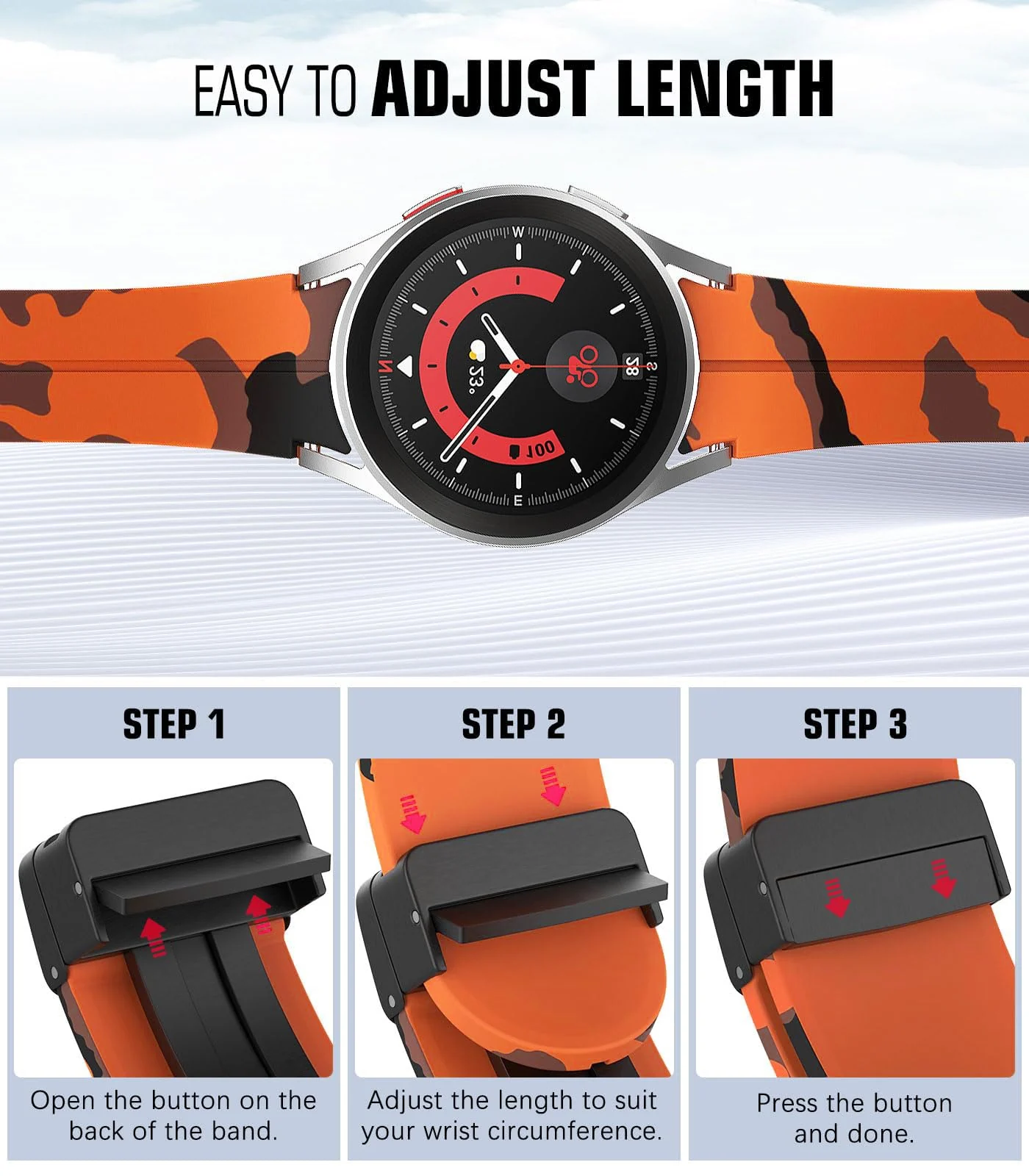 DL3 Mobilak Strap Compatible with Samsung Galaxy Watch 7 FE 6 5 4 Strap 40mm 44mm/Watch 6 Classic 43mm 47mm/5 Pro 45mm/4 Classic 42mm 46mm, No Gap Magnetic Clasp Silicone Band - Camouflage Orange