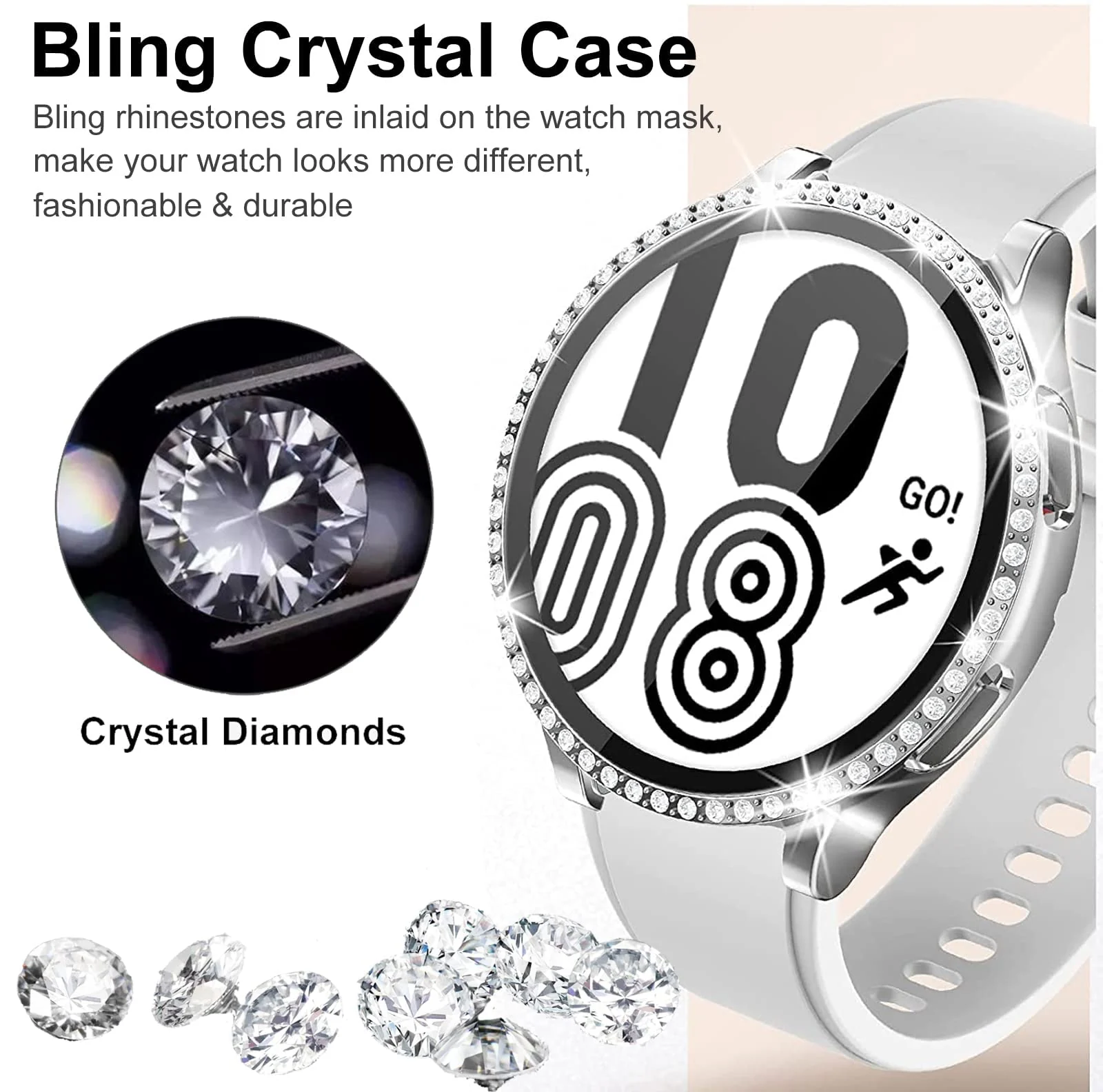 DL3 Mobilak Bumper Diamond Case Compatible with Samsung Galaxy Watch 4 Classic 46mm, Bling Crystal Diamonds PC Plastic Protector Case Cover Frame For Galaxy Watch4 Classic 46 MM - Silver
