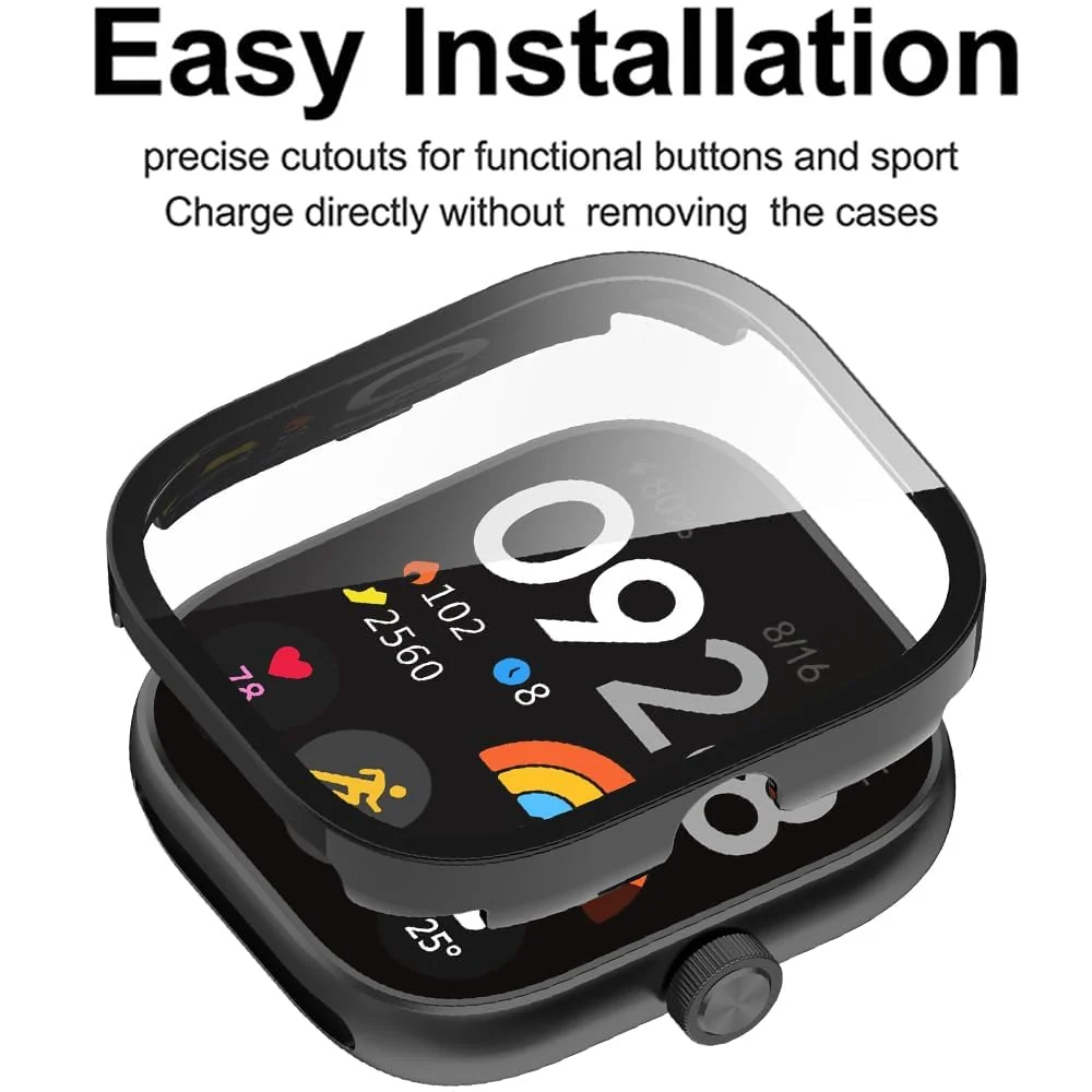 DL3 Mobilak For Xiaomi Redmi Watch 4 Case with Tempered Glass Screen Protector for xiaomi redmi Watch 4, 9H Hardness 360° All-Round Protective Ultra Thin Protective PC Case - Black