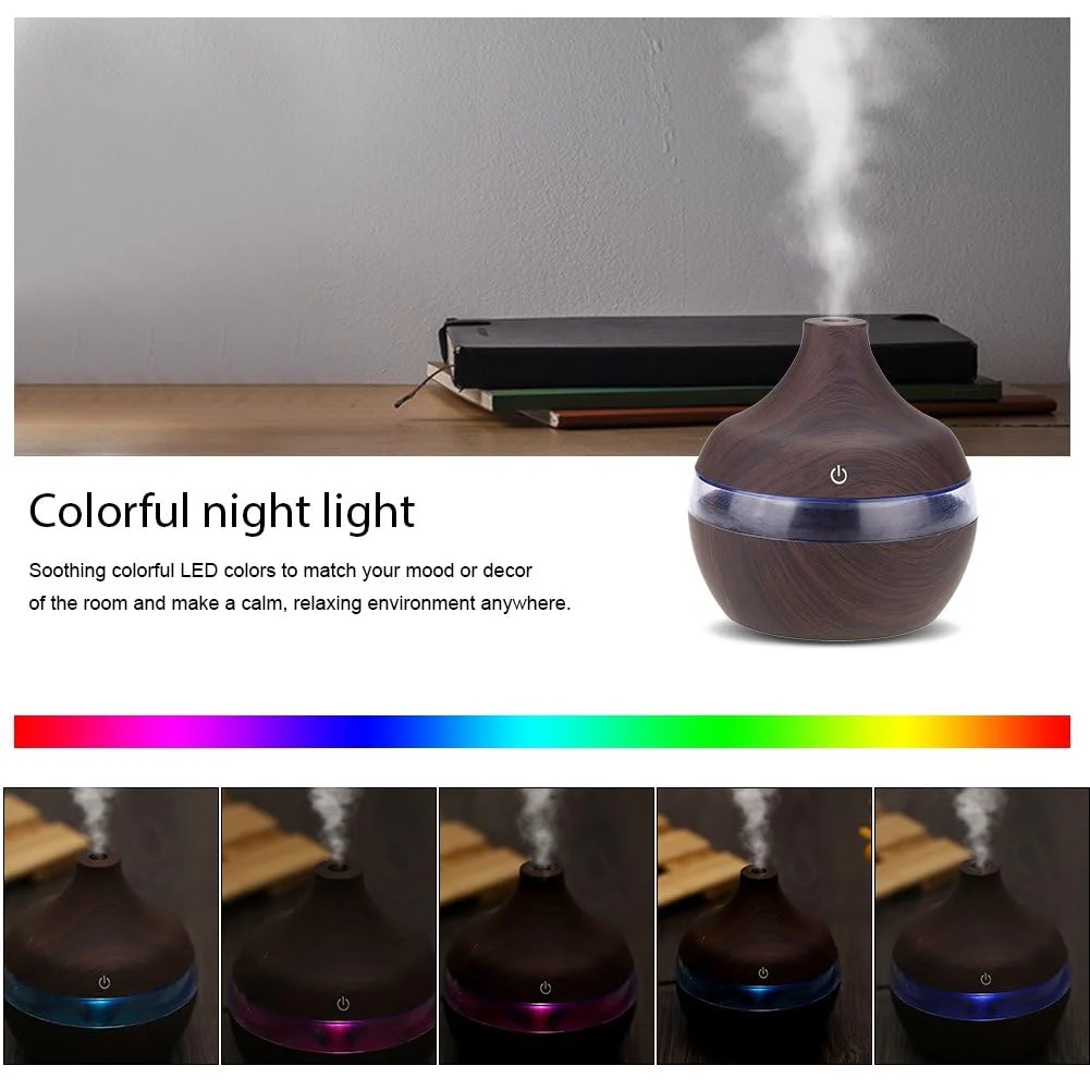 Mobigon Wood Cool Mist Ultrasonic Humidifier for Room Moisture, Aroma Diffuser for Home, 300ml Essential Oil Diffuser with 7 Colorful Night Light, Auto Shut-Off, Home, Office, car - D. Dark Brown