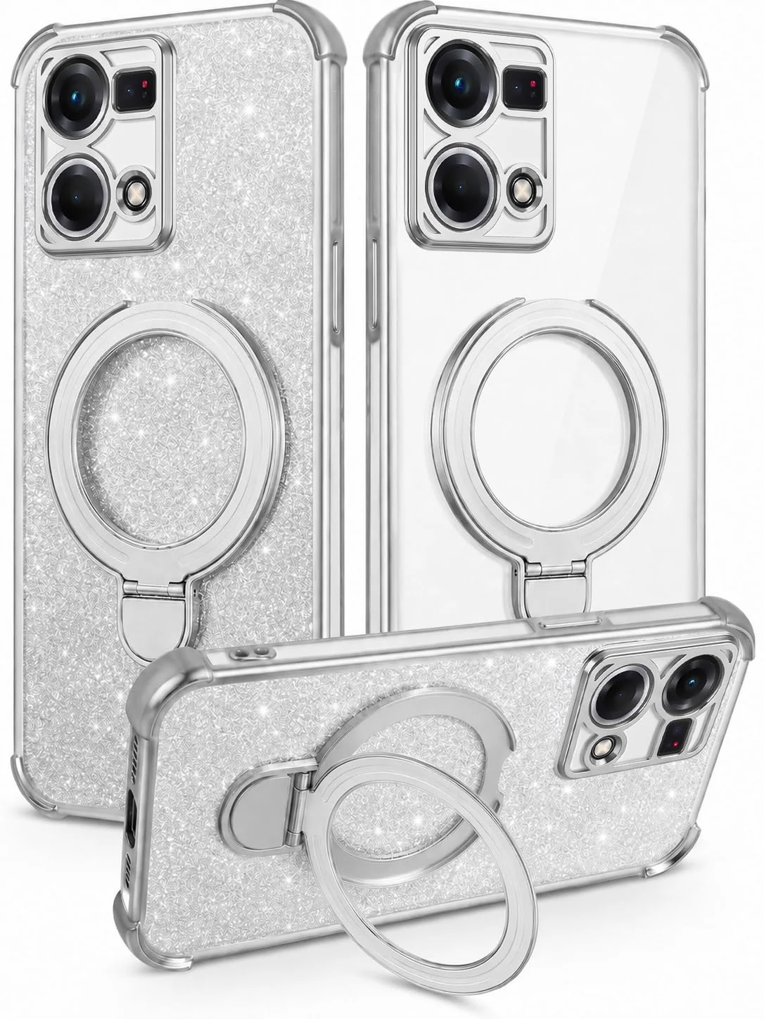 MOBIGON Glitter Phone Case with Magnetic Ring Stand for OPPO Reno 8 4G / Reno 7 4G, Silver