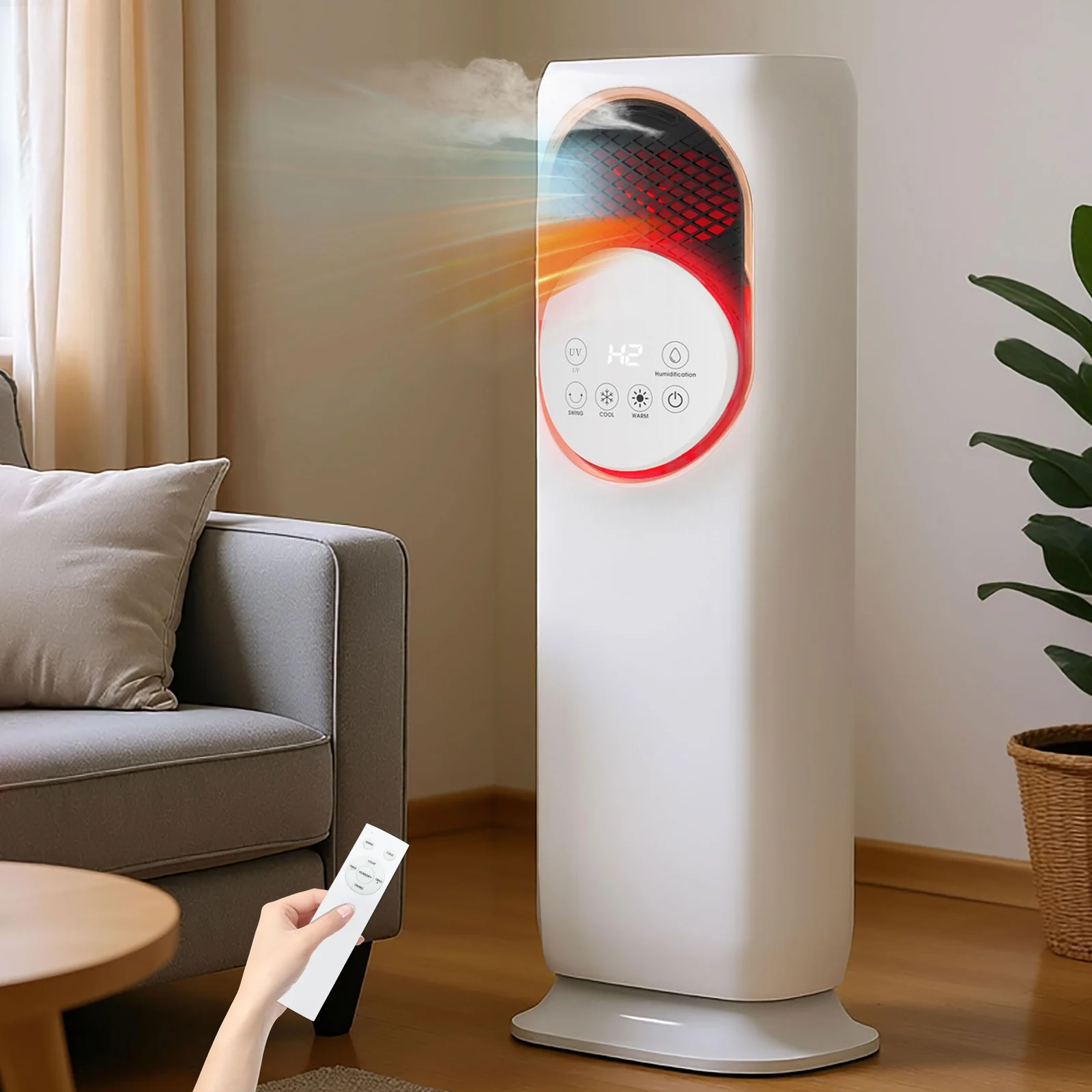 Mobigon 4 in 1 Fan and Heater Combo with Humidification, 4L Water Tank with Remote Control, Touch, 180° Oscillating, 2 Speed Heating, 3 Speed Cooling, 12H Timer Tip-over & Overheat Protection - White