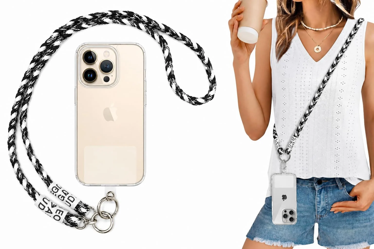 DL3 Mobilak Crossbody Phone Lanyard Strap, Adjustable Universal Nylon Neck Strap, Lanyard for Shoulder Bag, Compatible with Most Smartphones and Cases, Keychain, Bag Straps - White & Black