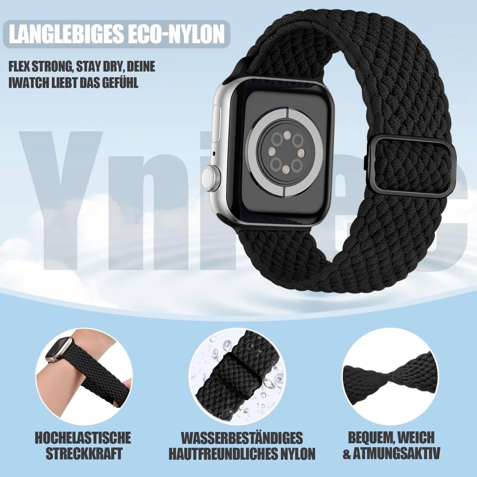 DL3 Mobilak Stretchy Nylon Solo Loop Strap For Apple Watch Band 40mm 41mm 38mm 42mm(Series 11 10) for Women Men, Sport Breathable Braided Wristband for iWatch Series 11 10 9 8 7 6 5 4 SE - Black