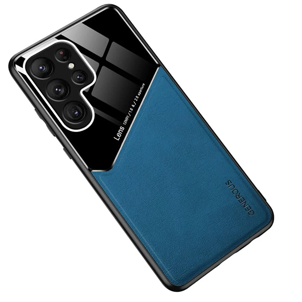 "DL3 Mobilak Faux Leather and Plexiglass Protective Case with TPU Frame and Magnetic Car-Mount Support for Samsung Galaxy S23 Ultra (6.8"") - Blue"