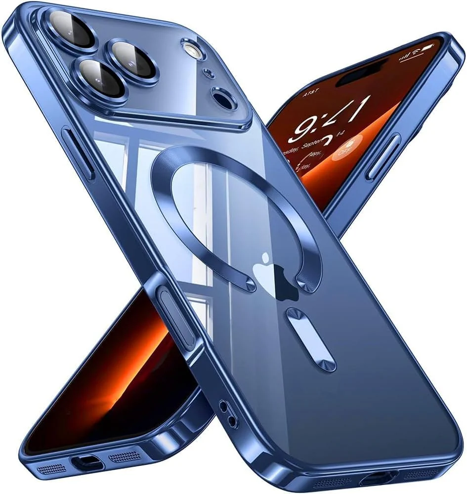 DL3 Mobilak For iPhone 17 Pro Magnetic Case, Compatible with MagSafe, Built-in Camera Lens Protector, Luxury Plating Soft TPU Clear Shockproof Slim Thin Cover - Blue