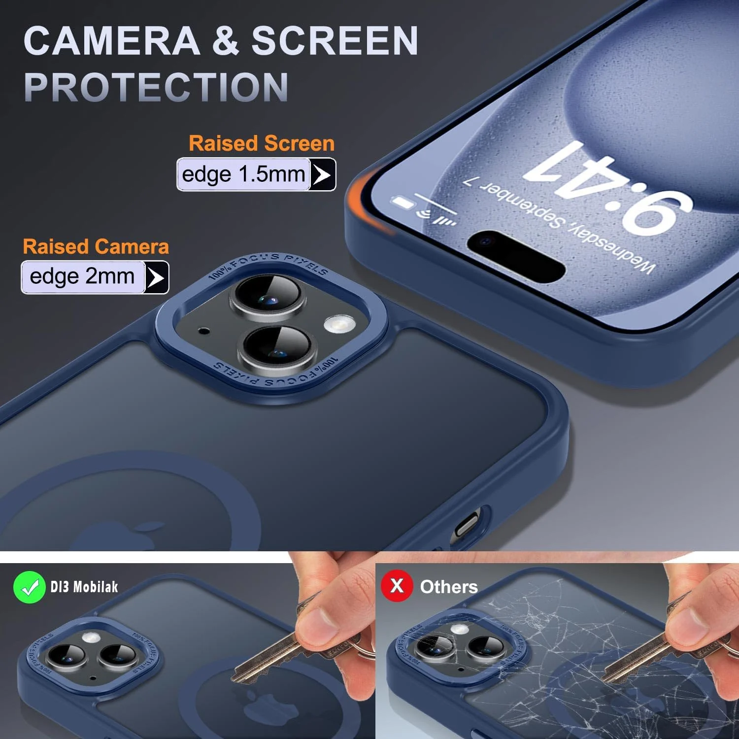 DL3 Mobilak Translucent Matte Case for iPhone 15 + Plus / iPhone 14 Plus 6.7-Inch, Compatible with MagSafe accessories, Supports wireless charging, Built-in magnetic car-mount support - Blue
