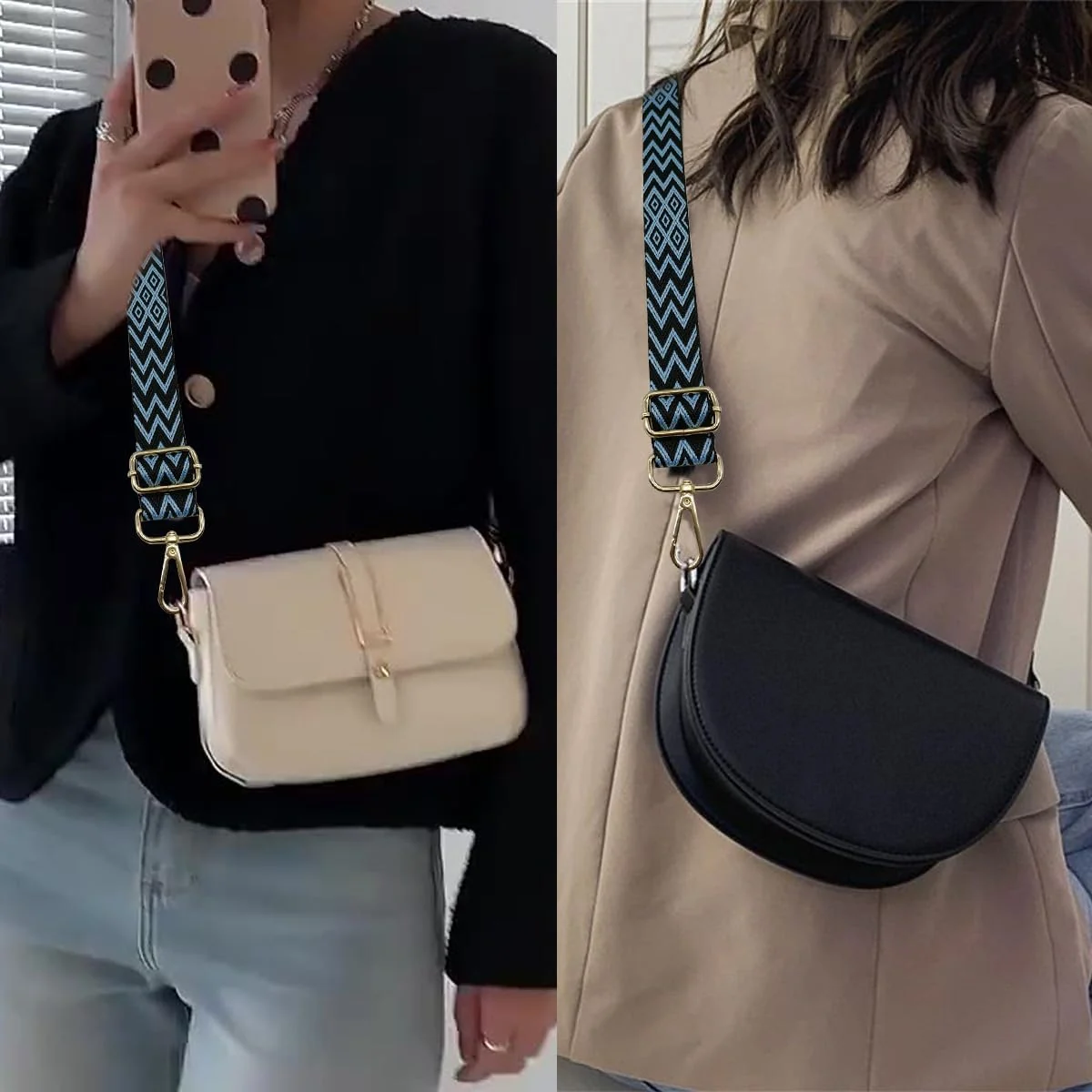DL3 Mobilak Adjustable Wide Crossbody Bag Strap for Women, Replacement Shoulder Strap for Handbags, Totes & Purses with Elegant Embroidered Pattern and Metal Hooks - Blue Black