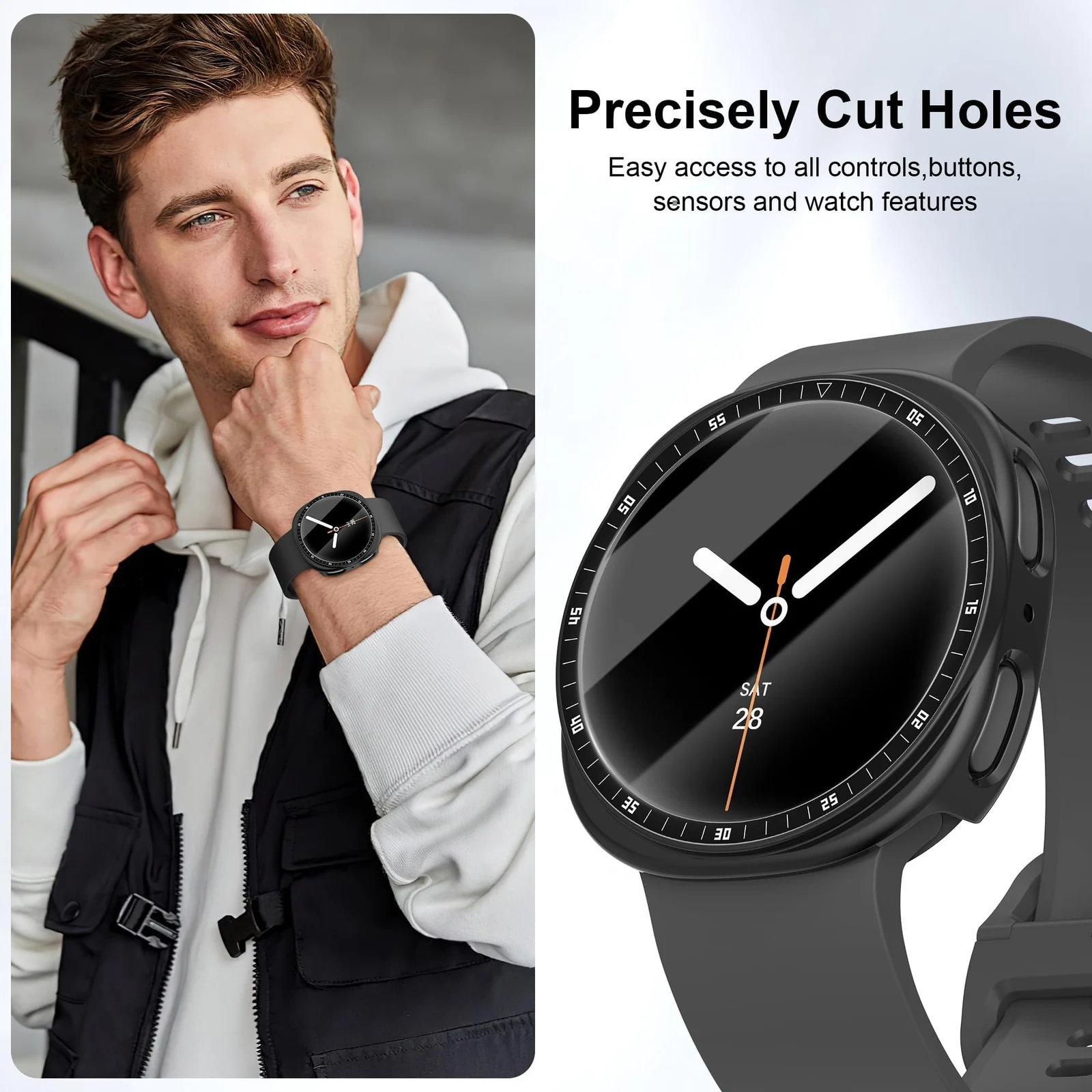 DL3 Mobilak [NO Screen Protector] Bumper Case for Samsung Galaxy Watch 8 44mm, Slim Thin Shockproof Bumper Cover With Metal Scale, Hard PC Protective Frame All-Around Edge - Black