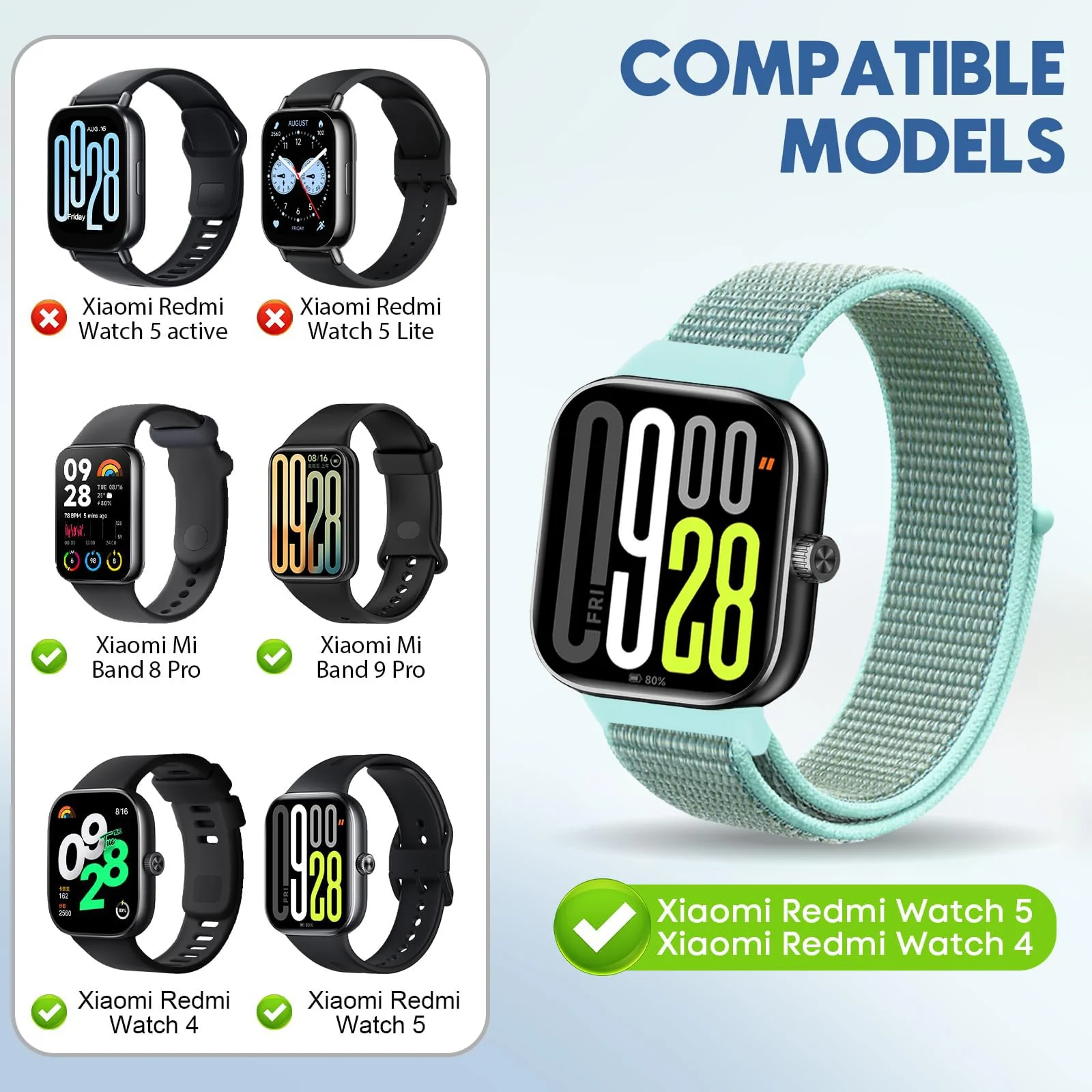 DL3 Mobilak Nylon Strap for Redmi Watch 4/Redmi Watch 5/Xiaomi Smart Band 8 Pro/Band 9 Pro, Men and Women Breathable Elastic Bracelet, Adjustable Straps Replacement Band Sport Watchband - Sea Blue