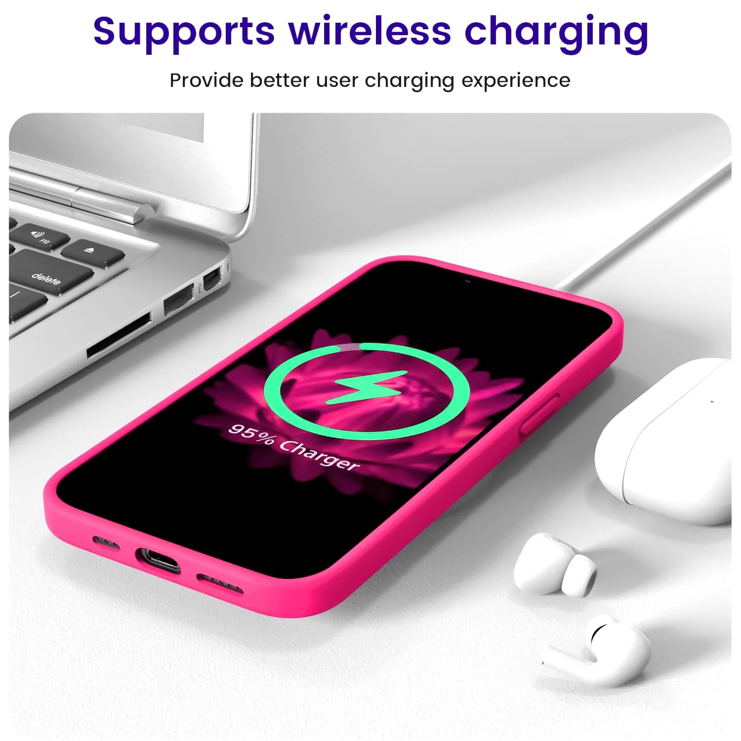 DL3 Mobilak Liquid Silicone Protective Case for iPhone 13 / iPhone 14 with Camera Protection and Microfiber Lining - Neon Pink