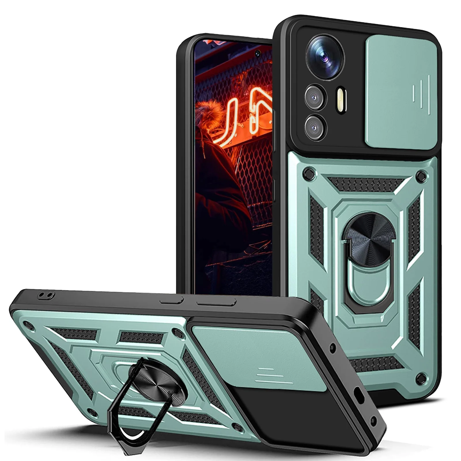 DL3 Mobilak Military-Grade Protective Case with Sliding Camera Cover, Metal Ring Kickstand and Magnetic Car-Mount Support for Xiaomi Redmi Note 12S - Green