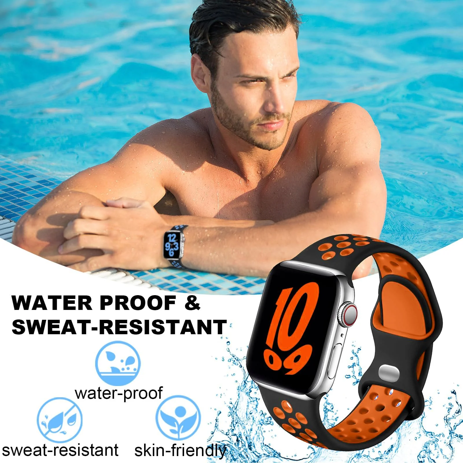 DL3 Mobilak Sport Strap For Apple Watch 49mm 45mm 44mm 42mm 41mm 40mm 38mm, Breathable Silicone Double Hole Band, for iWatch Ultra 2 Series 9 8 7 6 5 4 3 SE (&, 42mm/44mm/45mm/49mm) - Black & Orange