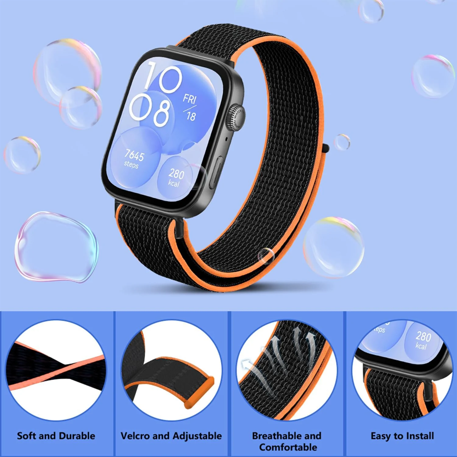 DL3 MOBILAK Elastic Nylon Watch Strap for Huawei Watch Fit 3 / Fit 4 / Fit 4 Pro / Fit 5 / Fit 5 Pro, Black*Orange
