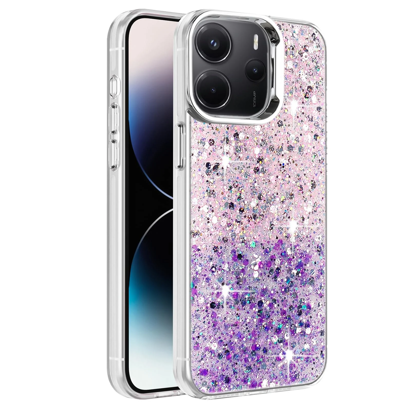 DL3 Mobilak Glitter Protective Case for Xiaomi Redmi Note 14 4G (Not 5G), Supports wireless charging, Camera protection, Shock-absorbing protection - Pink Purple