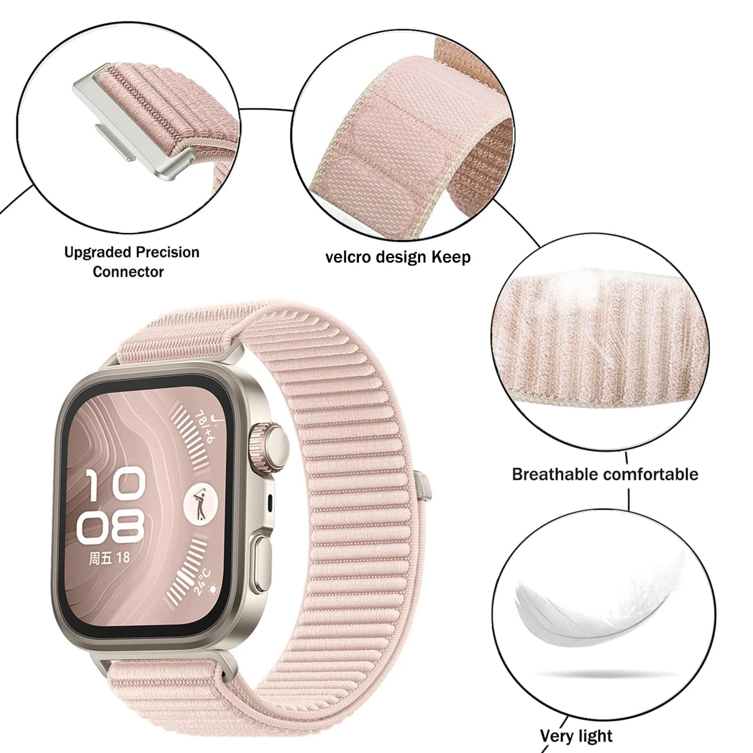DL3 MOBILAK Elastic Nylon Watch Strap for Huawei Watch Fit 3 / Fit 4 / Fit 4 Pro / Fit 5 / Fit 5 Pro, Milk Pink