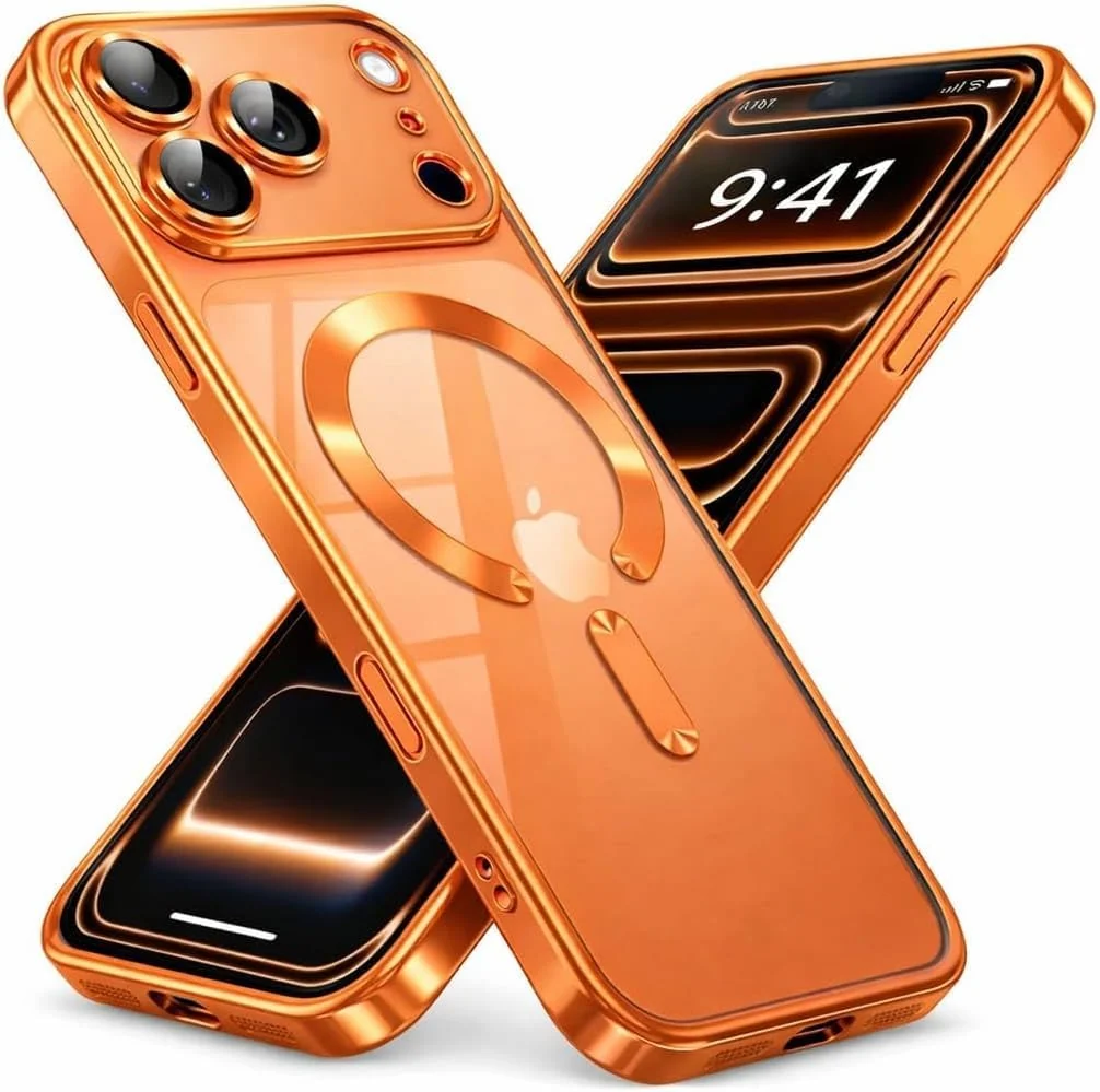 DL3 Mobilak Clear MagSafe-Compatible Magnetic Case for iPhone 17 Pro Max with Camera Protection and Magnetic Car-Mount Support - Orange