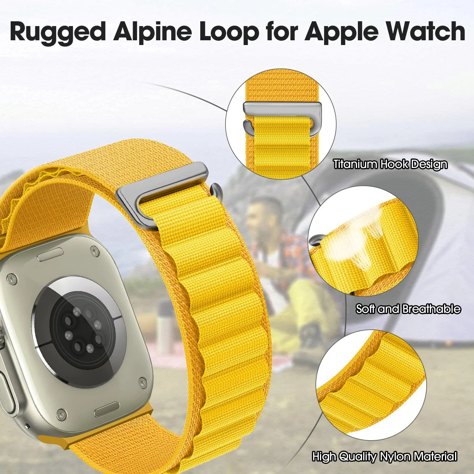 DL3 Mobilak Alpine Loop Nylon Strap Compatible with Apple Watch Band 38mm 40mm 41mm Men Women, Rugged Alpine Loop Nylon Sport Bands with Titanium C-Hook Stap for iWatch Series SE2 SE 9 8 7 6 5 4 3 2 1 - Yellow