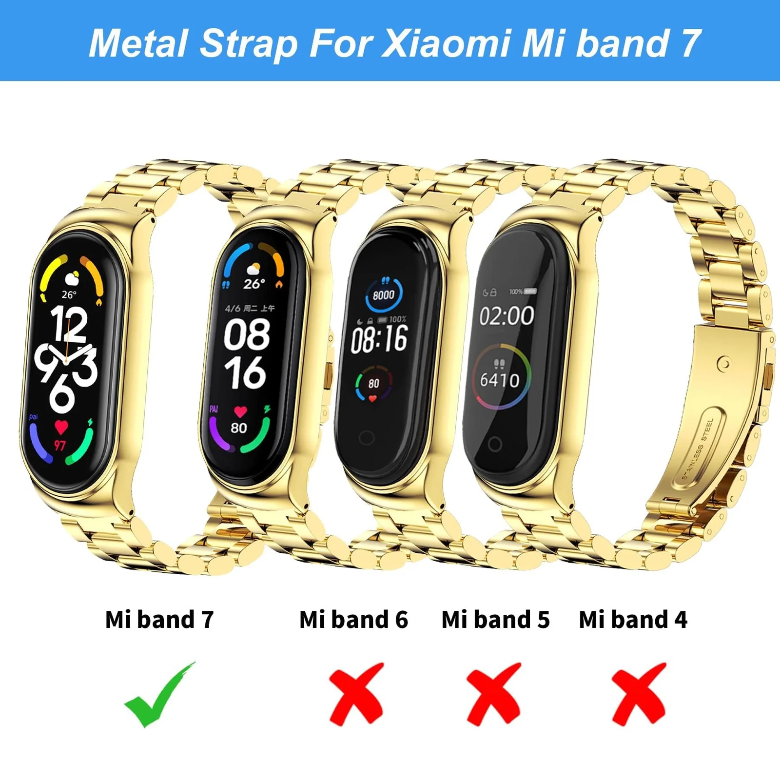 DL3 Mobilak Compatible For Xiaomi Mi Band 7 Strap, Metal Bracelet MiBand 7 Waterproof Stainless Steel Wrist Strap Accessory Band Strap for Xiaomi Mi Smart Band 7 - Gold