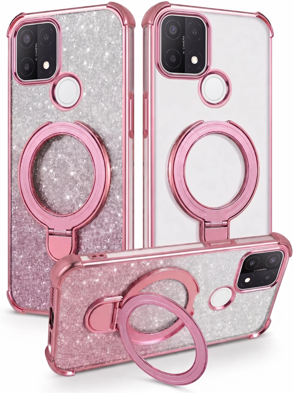 Mobigon Glitter Phone Case Compatible with OPPO A15 / OPPO A15S, Magnetic Ring Stand Shockproof Cover, Clear Soft TPU Bumper with Full Camera Protection - Pink