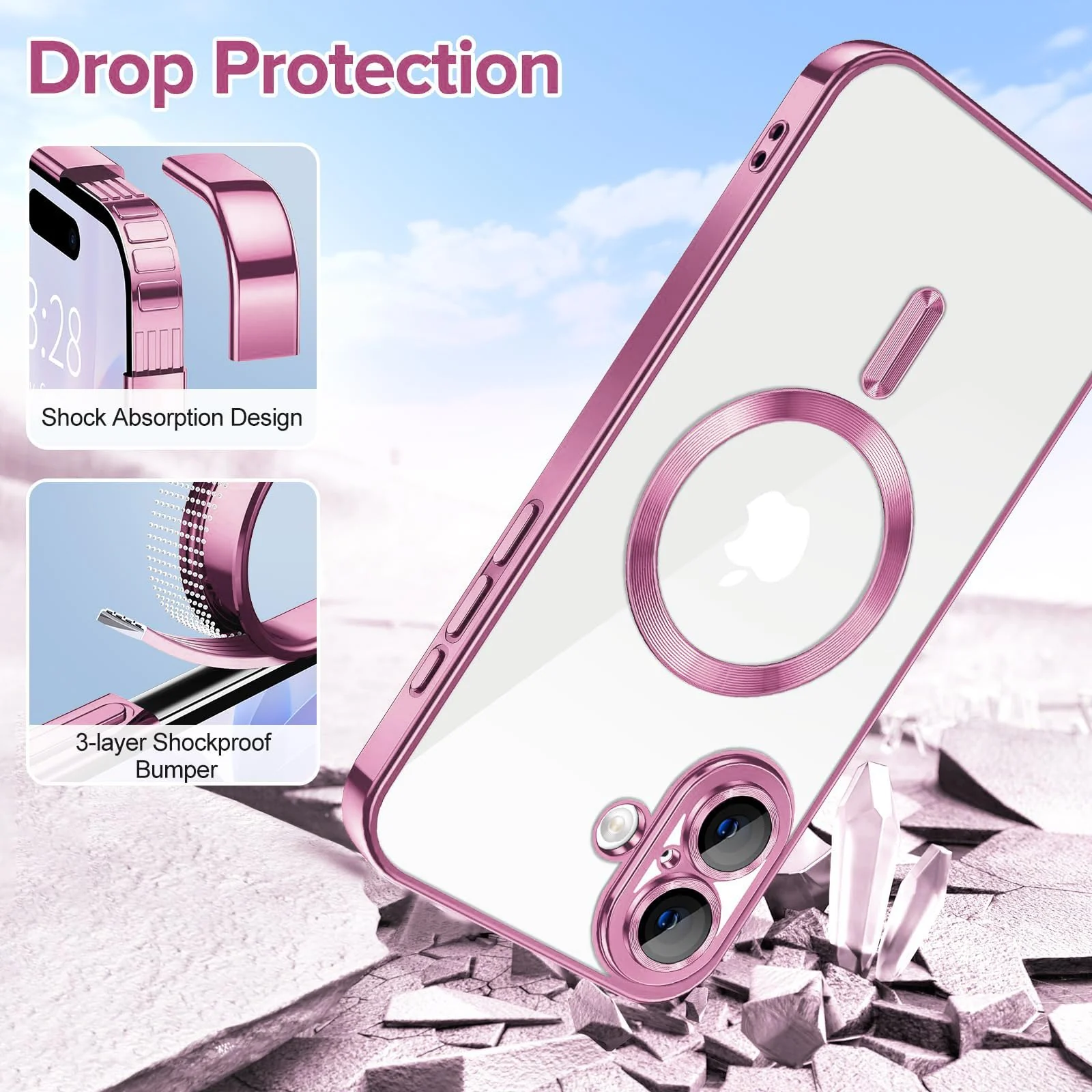 DL3 Mobilak Clear MagSafe-Compatible Magnetic Case for iPhone 17 with Camera Protection and Magnetic Car-Mount Support - Pink