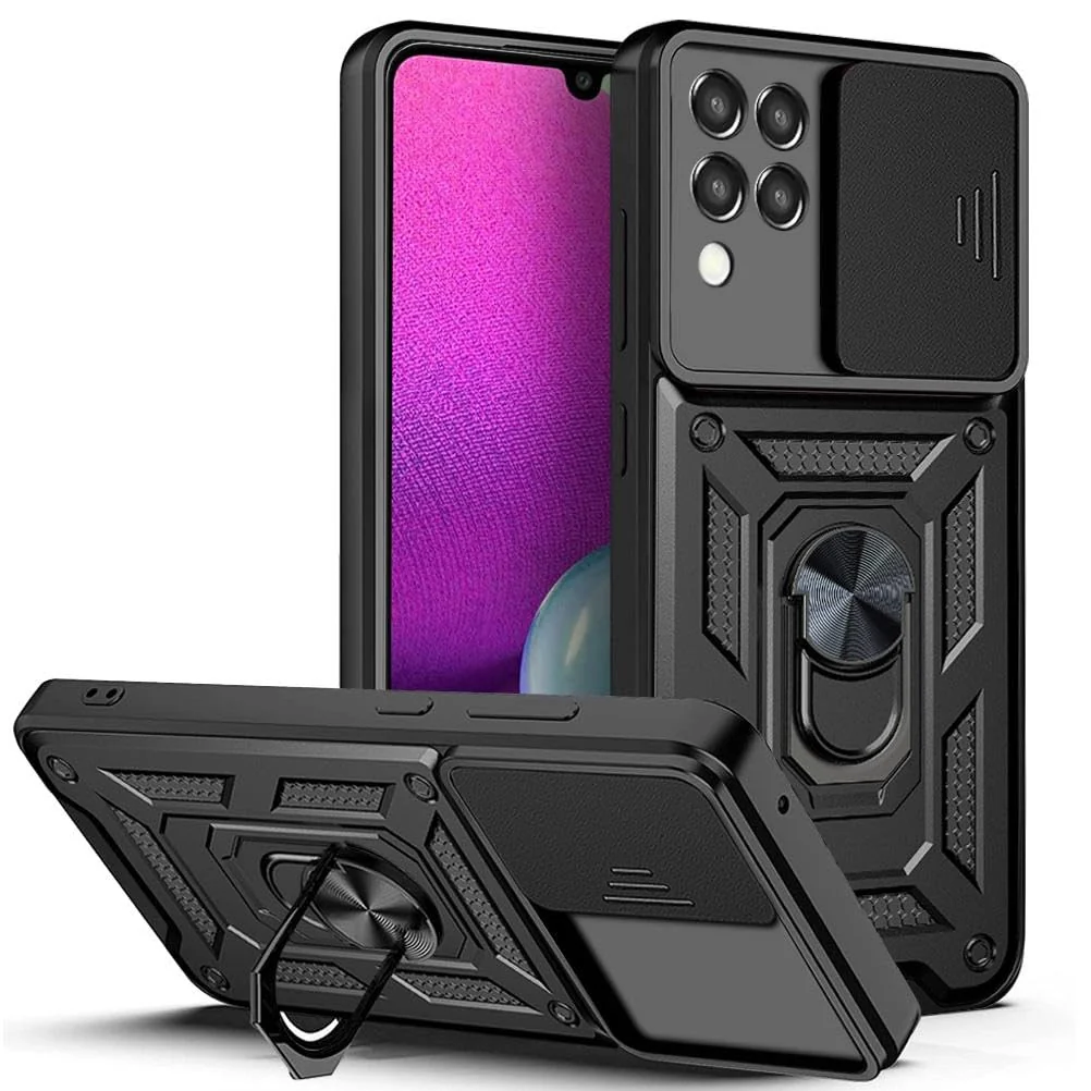Dl3 Mobilak Case for Samsung Galaxy A12 / M12 with Slide Camera Cover, Military Grade Shockproof Protective Cover with Rotatable Metal Ring Kickstand [Support Magnetic Car Mount] (Rose Gold)